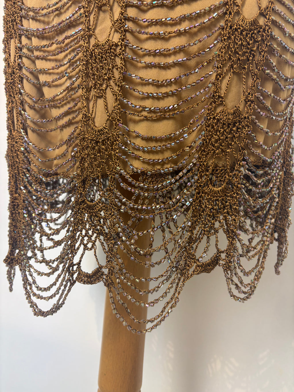 Handmade brown crochet iridescent beaded lined dress￼