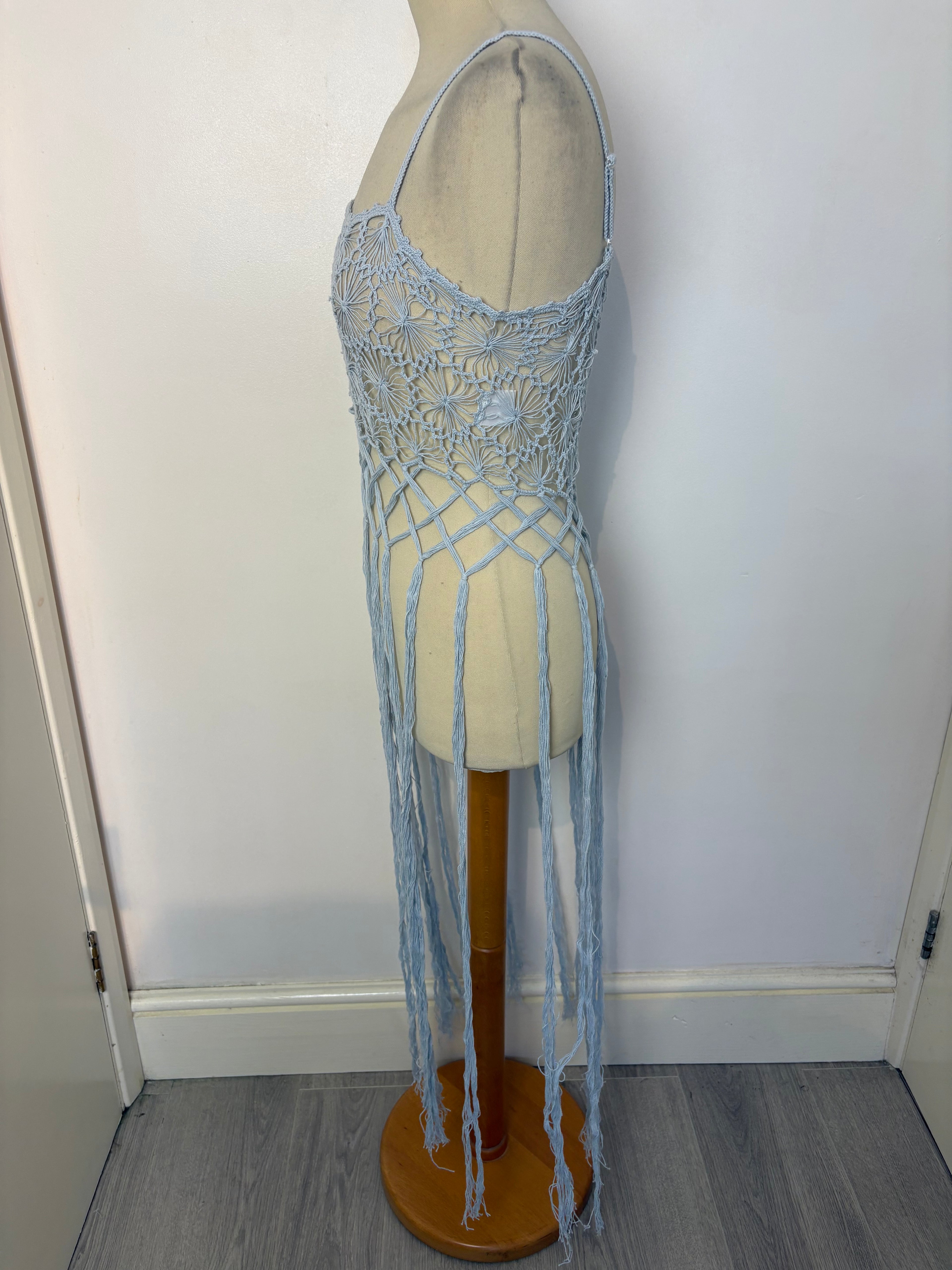 Light blue crochet long-tassel beach dress