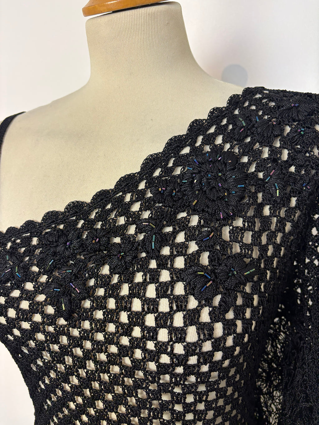 Handmade black crochet flower-patterned-beaded tassel long dress