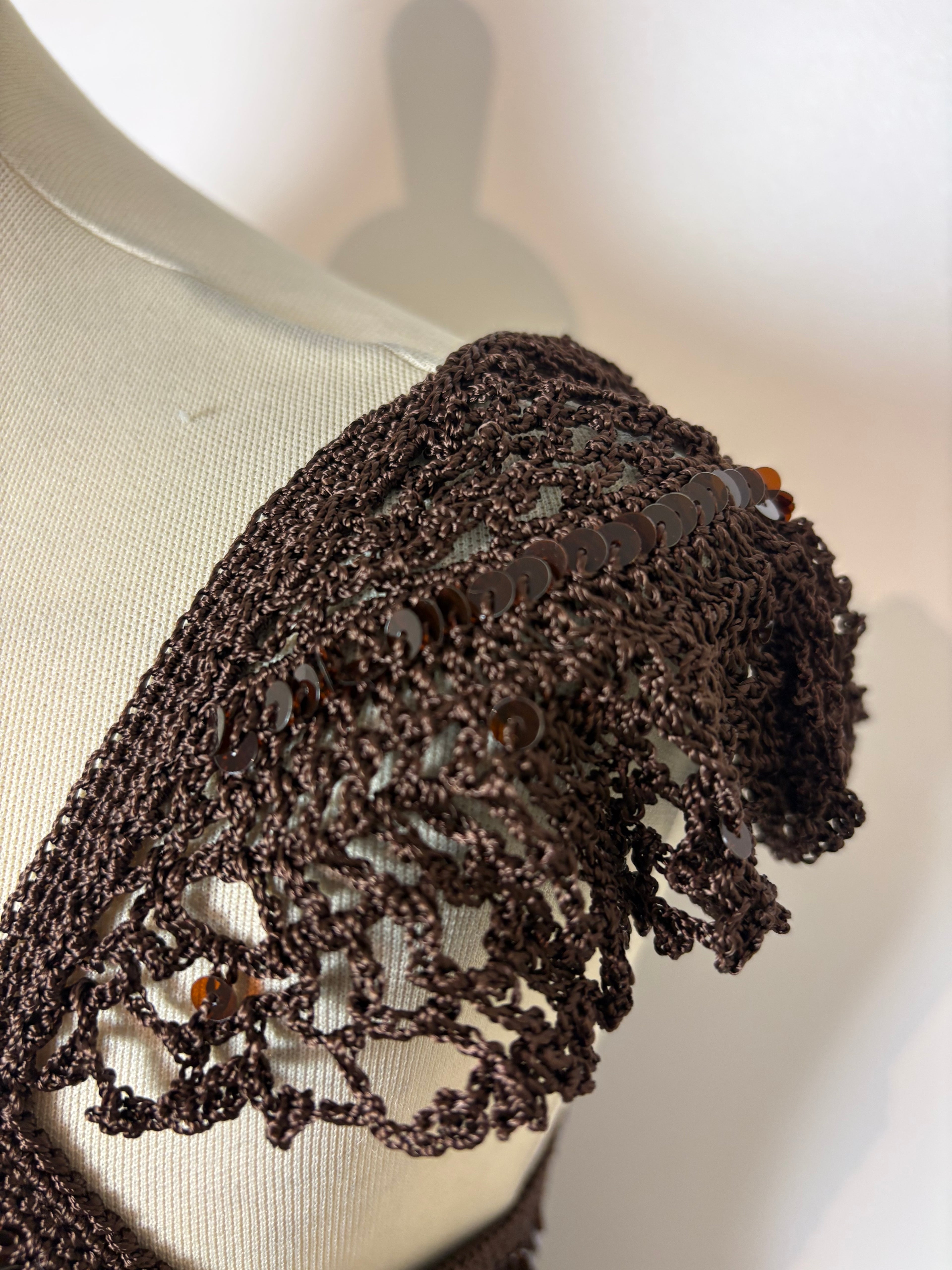Handmade brown crochet sequined lined long dress