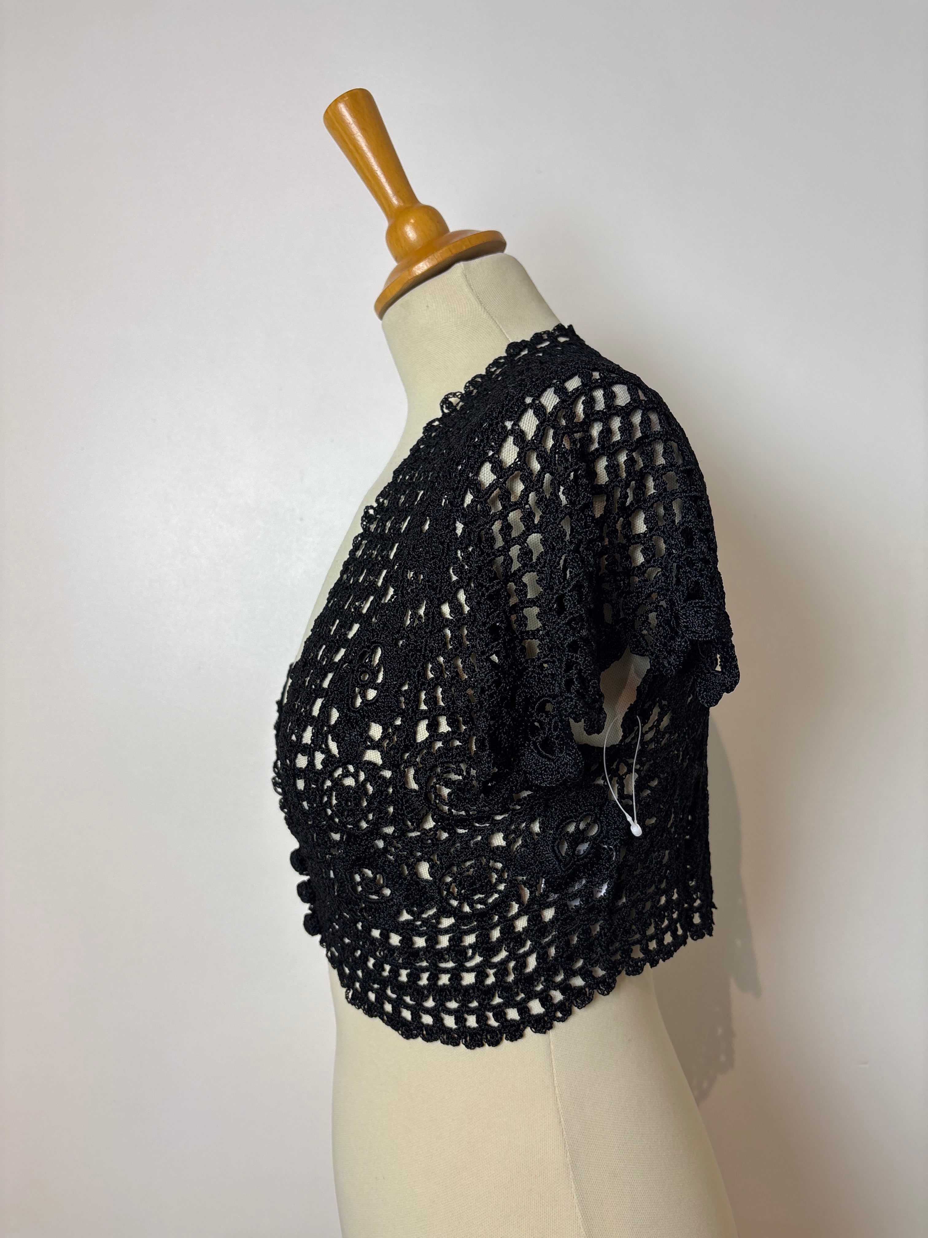 Handmade black crochet button-up bolero