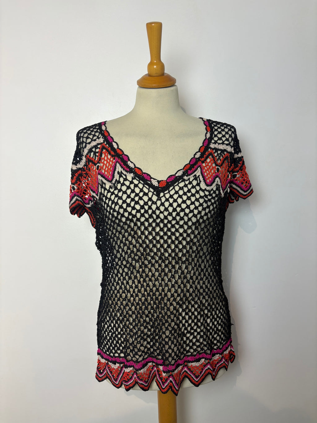 Handmade black crochet pink, orange, white patterned top