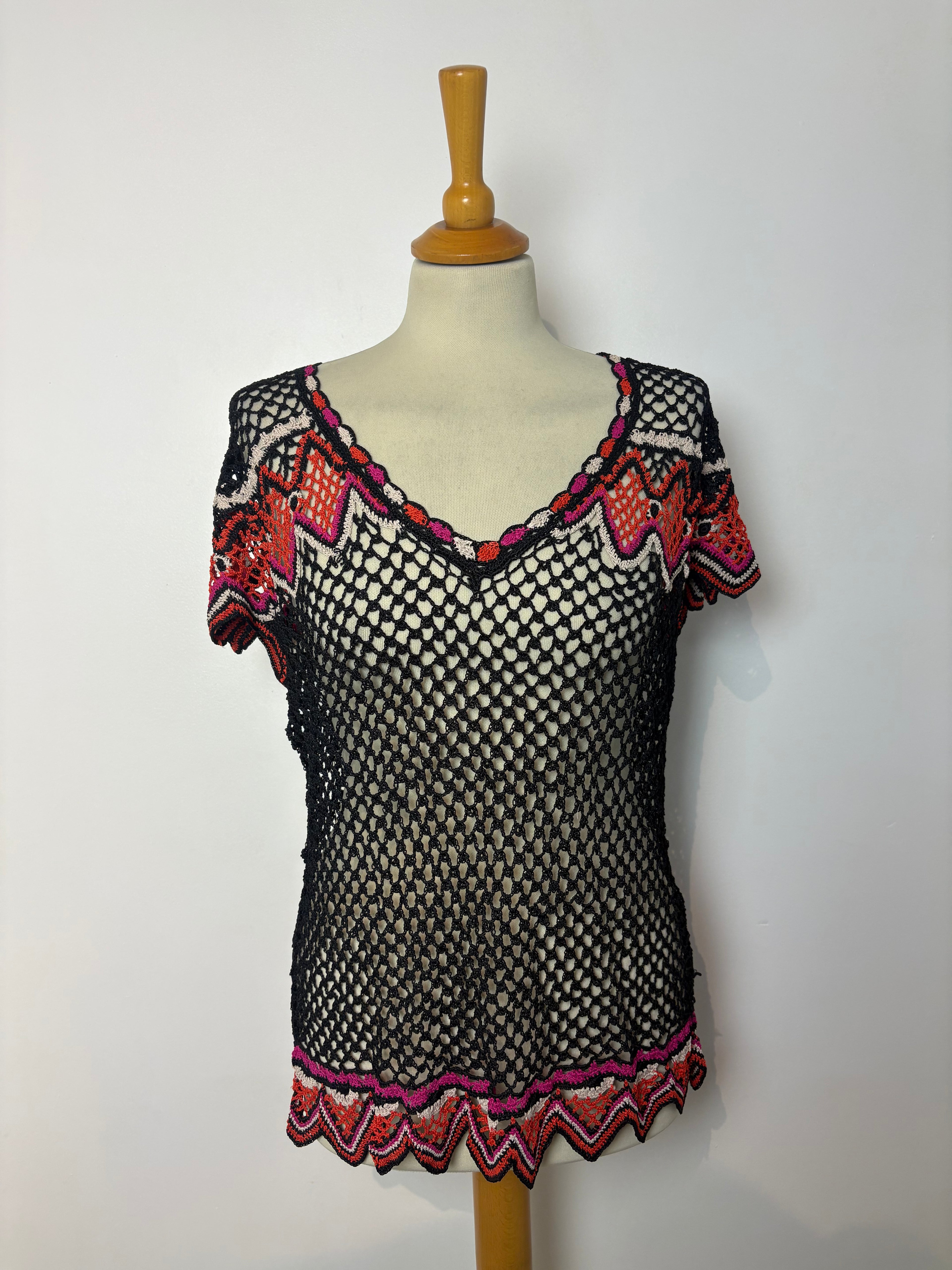 Handmade black crochet pink, orange, white patterned top