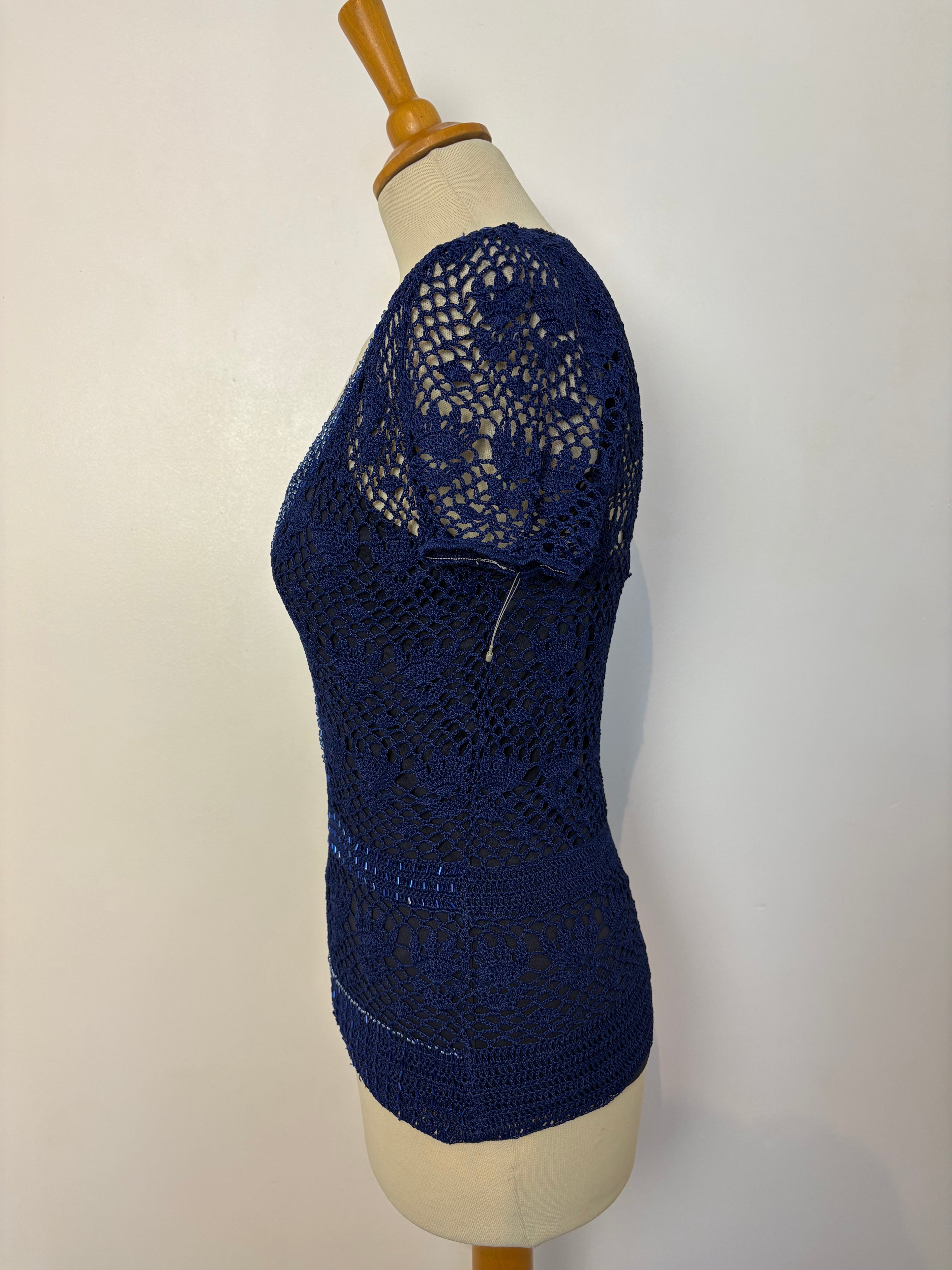 Handmade blue crochet beaded lined top