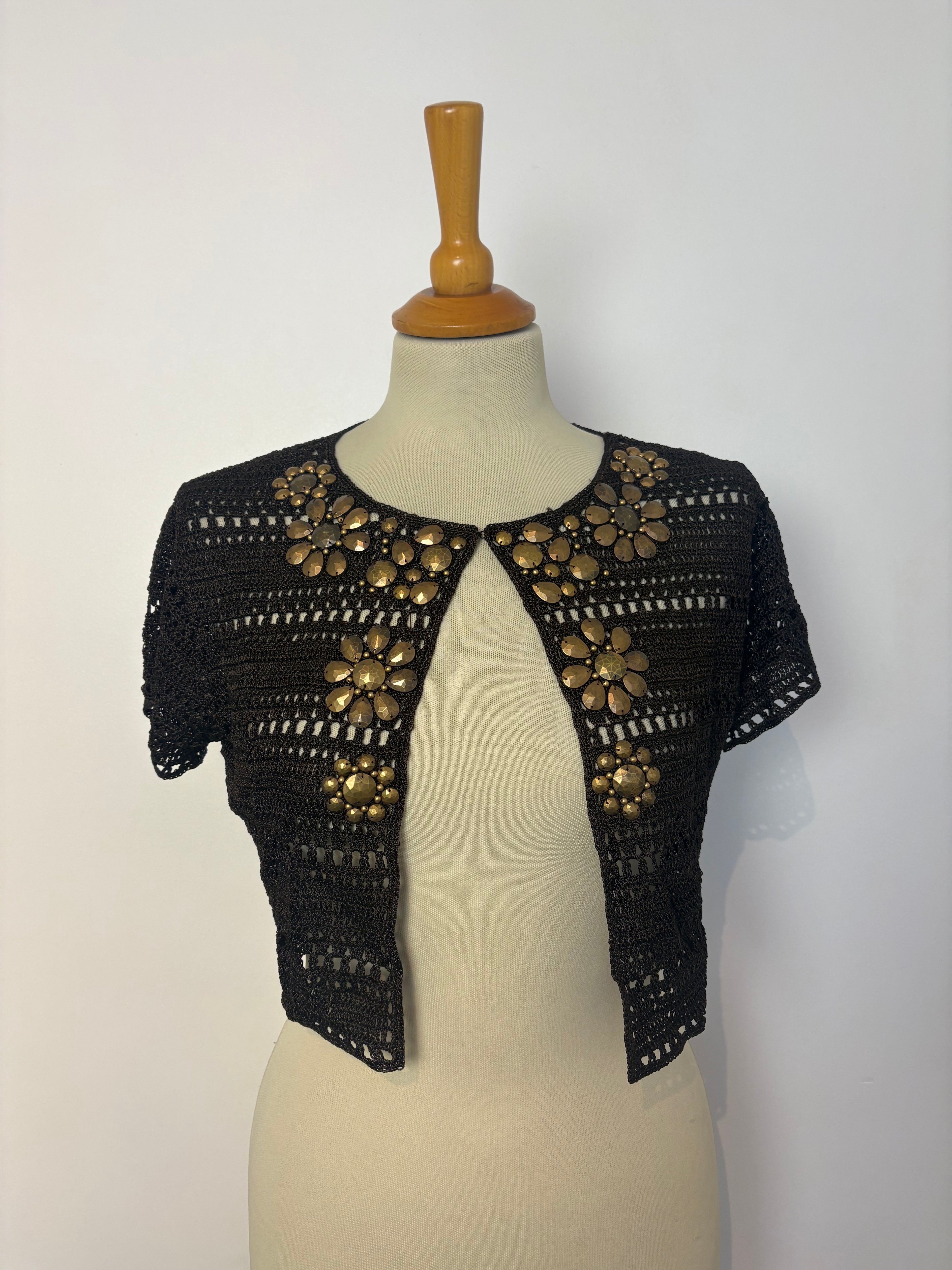 Handmade brown crochet gold-flower-beaded bolero