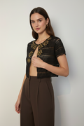 Handmade brown crochet gold-flower-beaded bolero