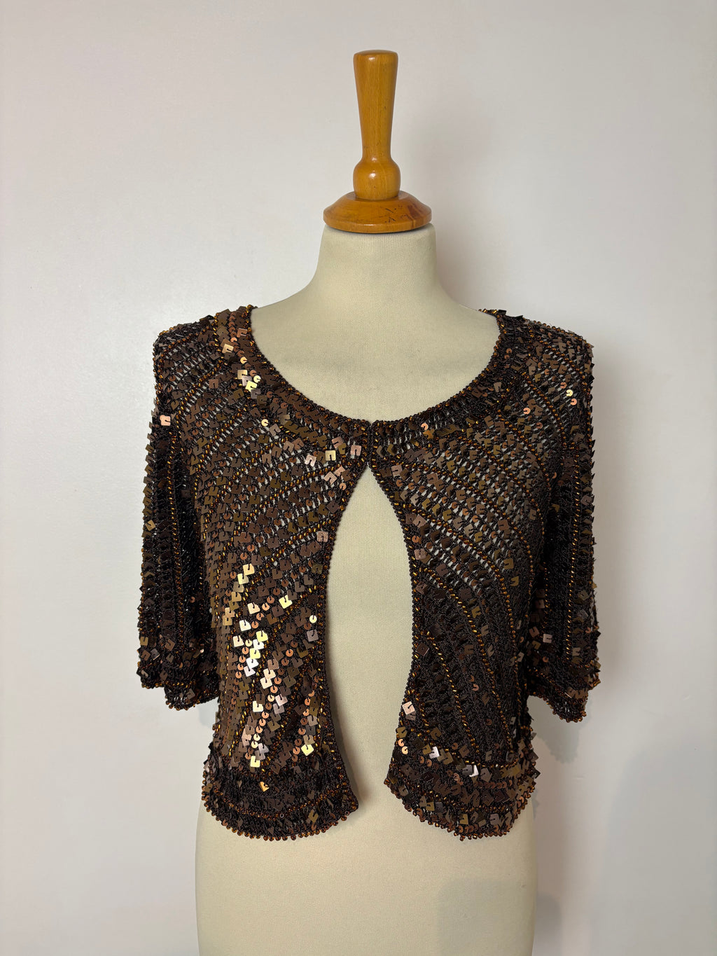 Handmade brown crochet bronze sequined and beaded cardigan
