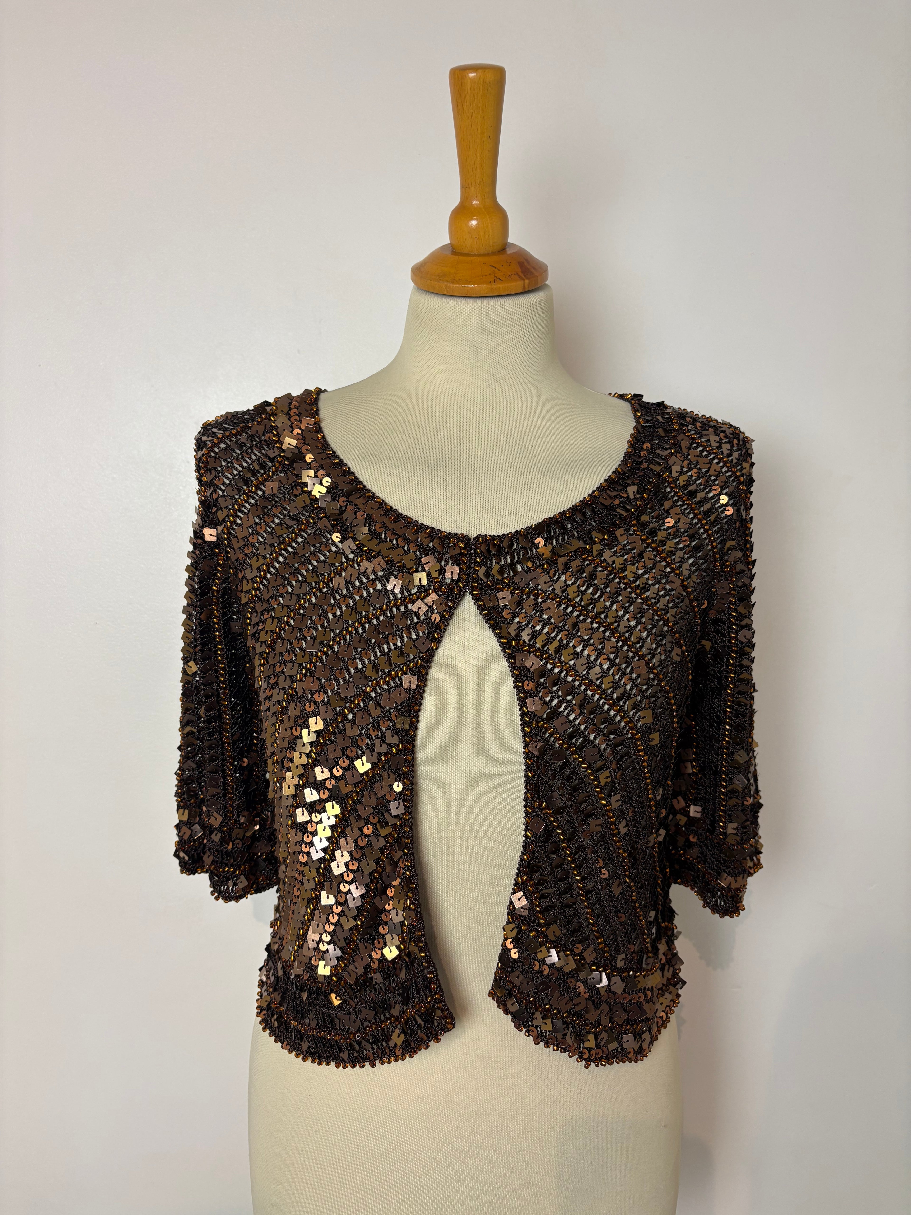 Handmade brown crochet bronze sequined and beaded cardigan