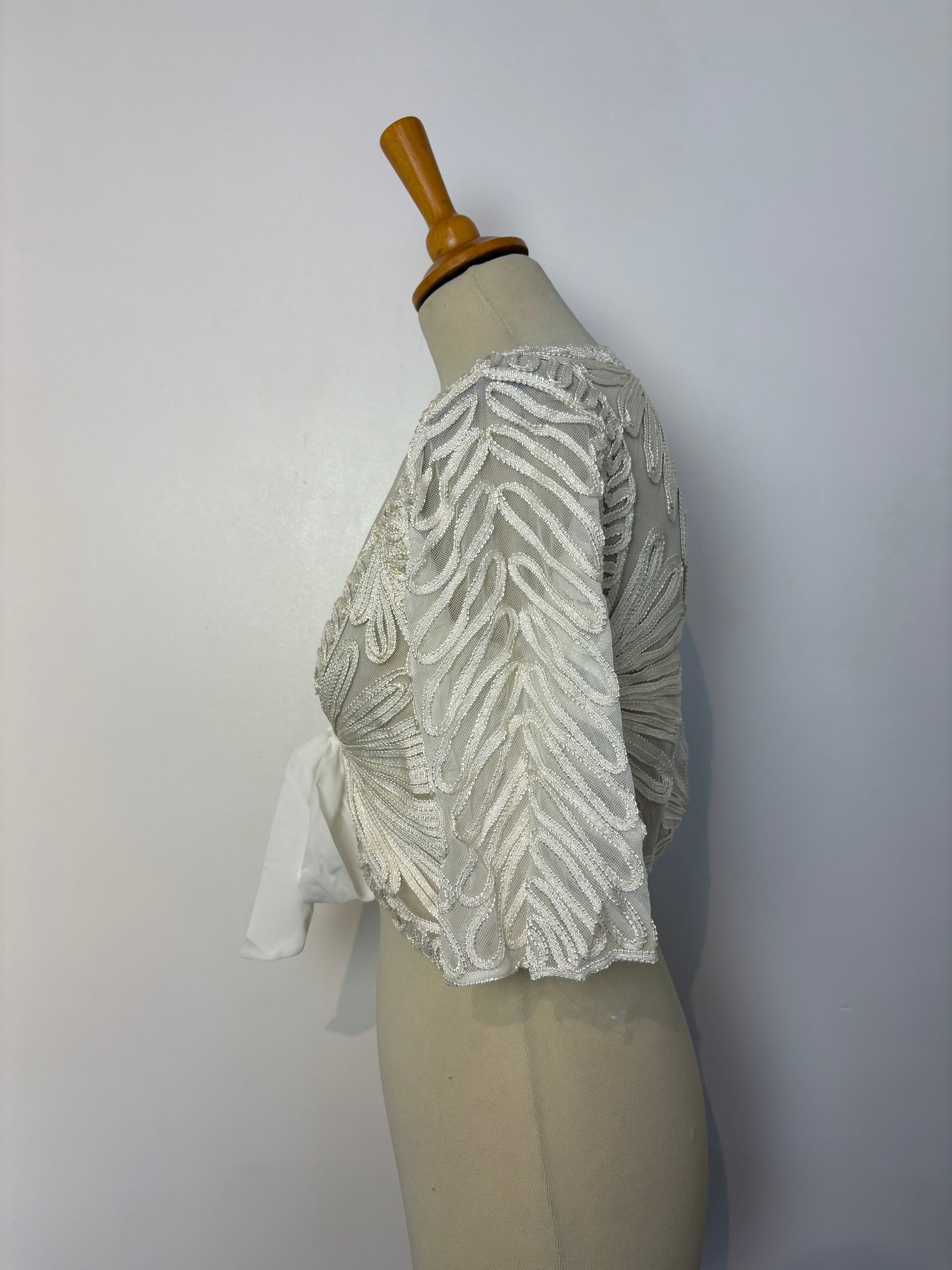 Ivory mesh cornelli-patterned tie-up bolero