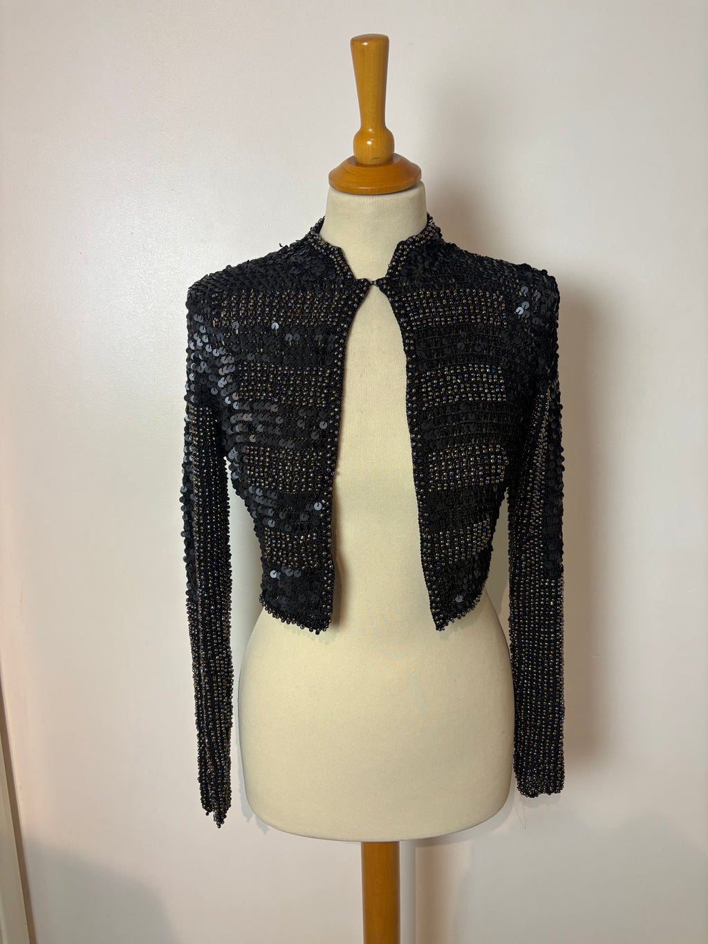 Handmade black crochet heavily sequined and beaded cardigan