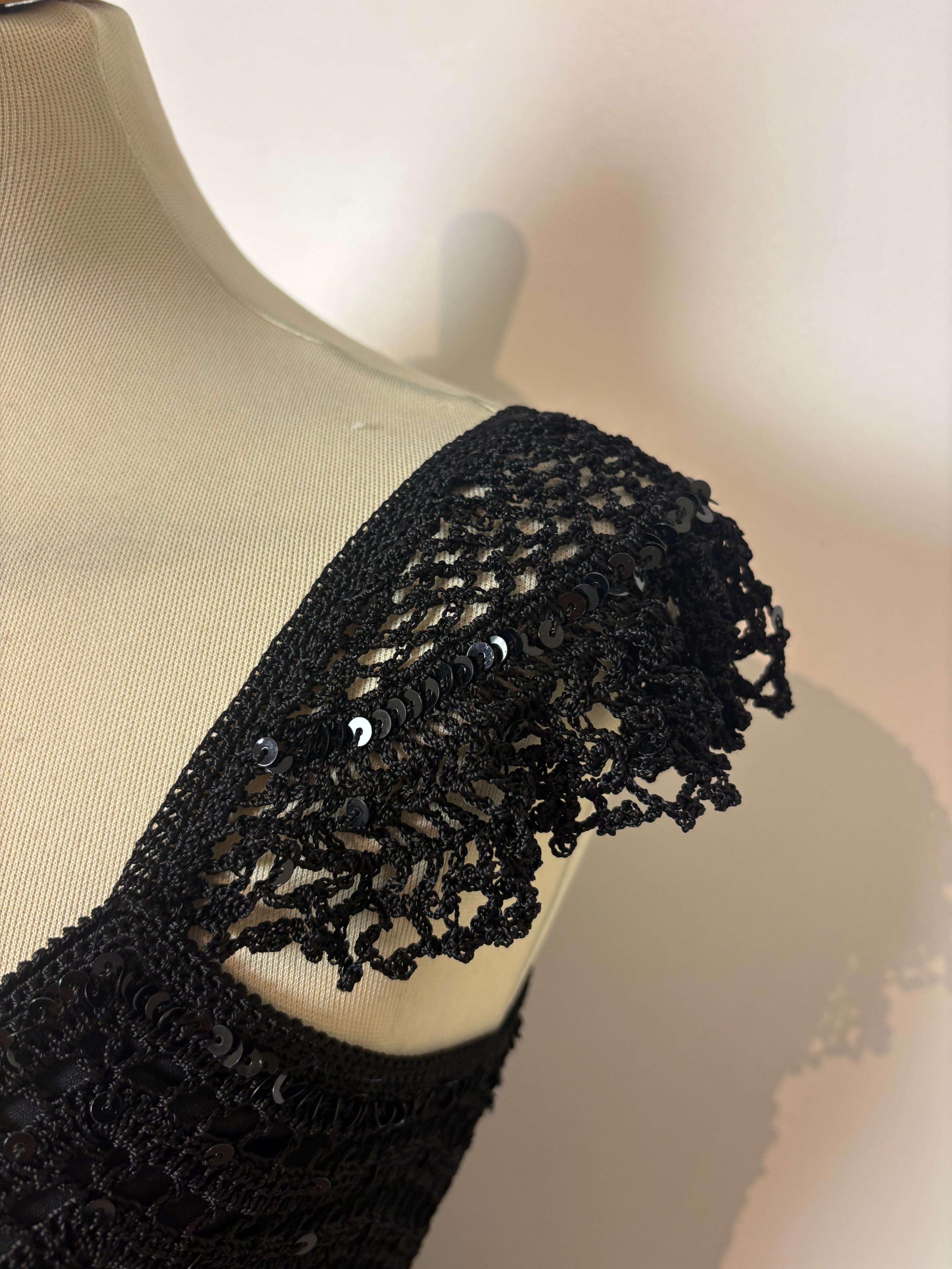 Handmade black crochet sequined lined long dress