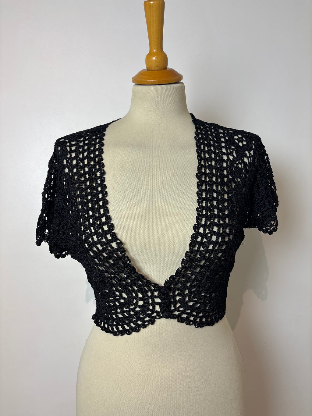 Handmade black crochet button-up bolero