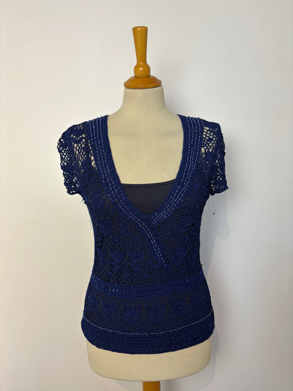 Handmade blue crochet beaded lined top