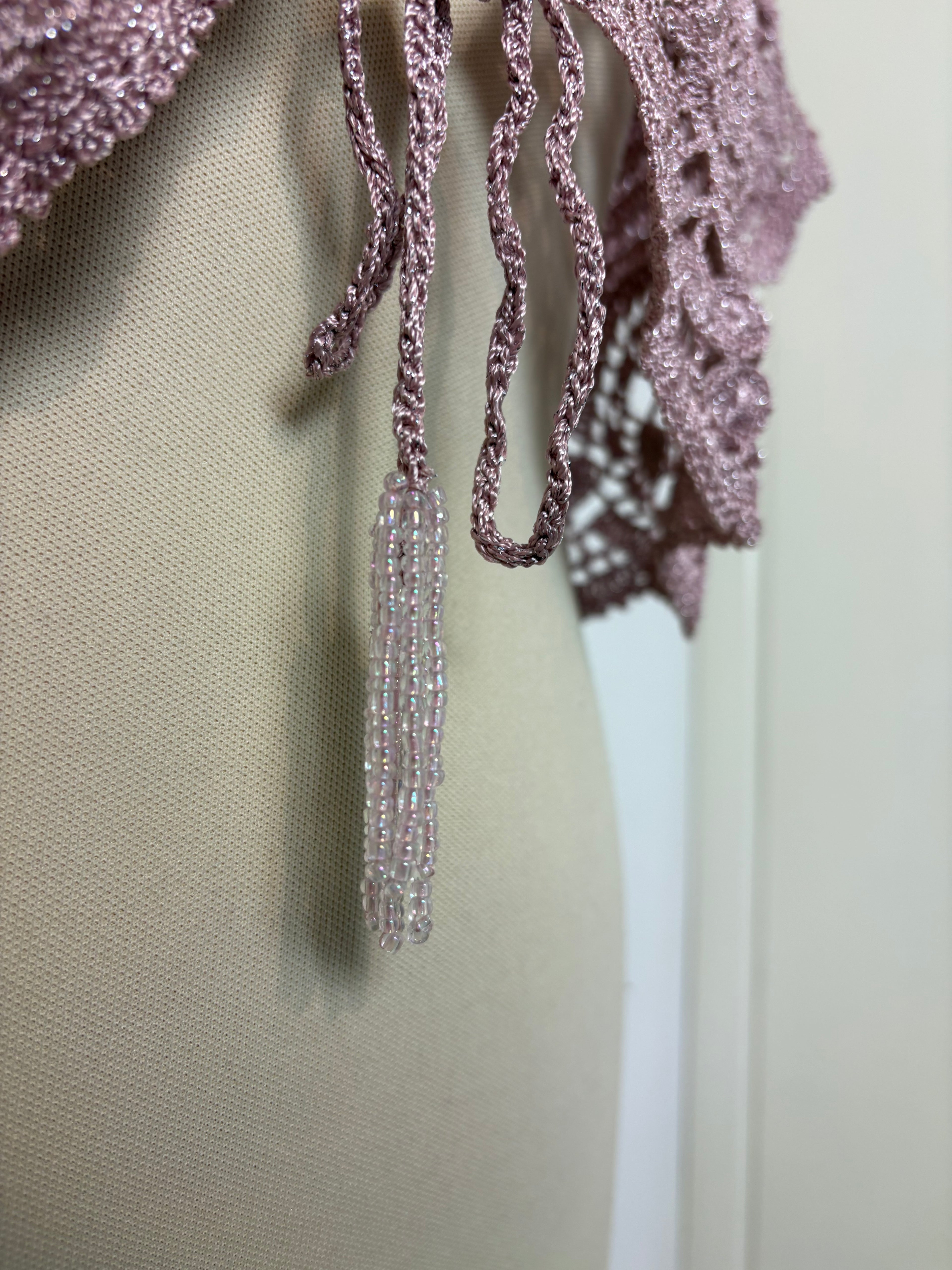 Handmade sparkly pink crochet tie-up bolero