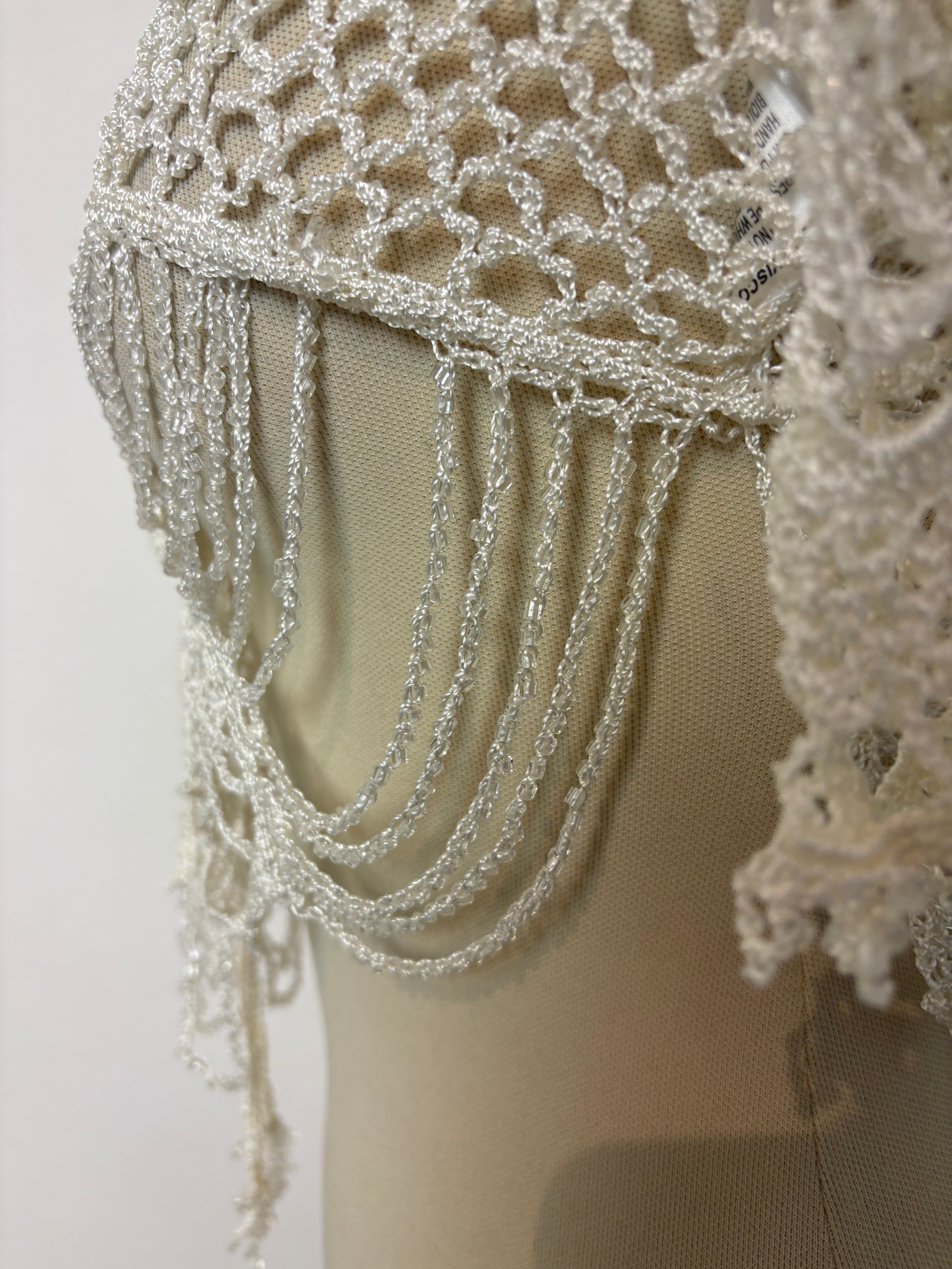 Handmade ivory crochet beaded tie-up bolero