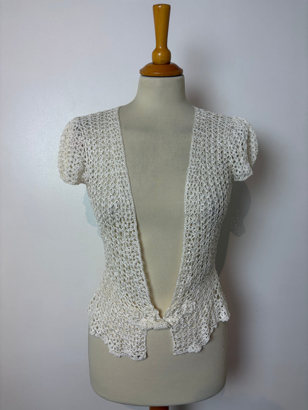 Handmade ivory crochet sparkly cap-sleeved cardigan
