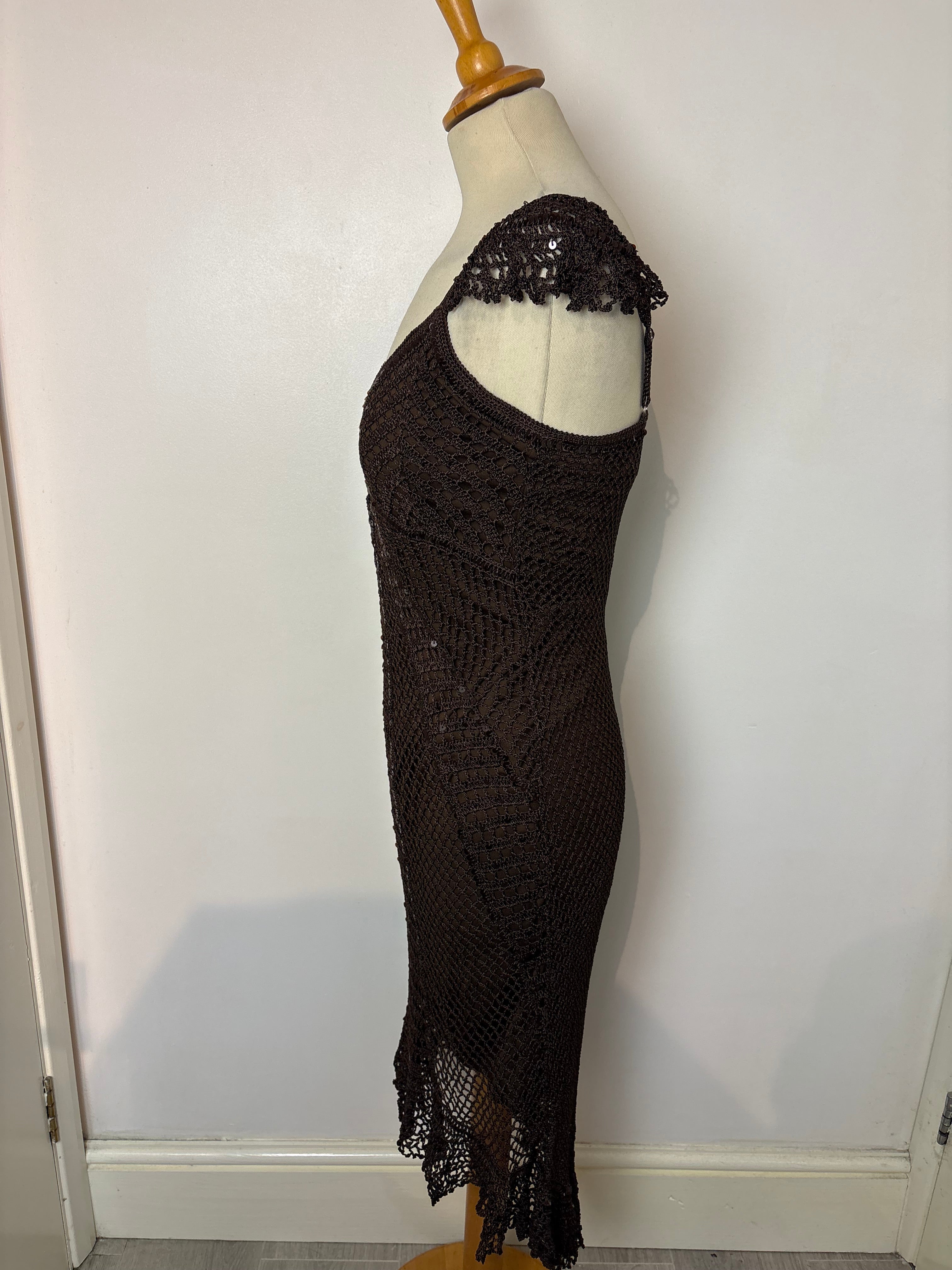 Handmade brown crochet sequined lined long dress