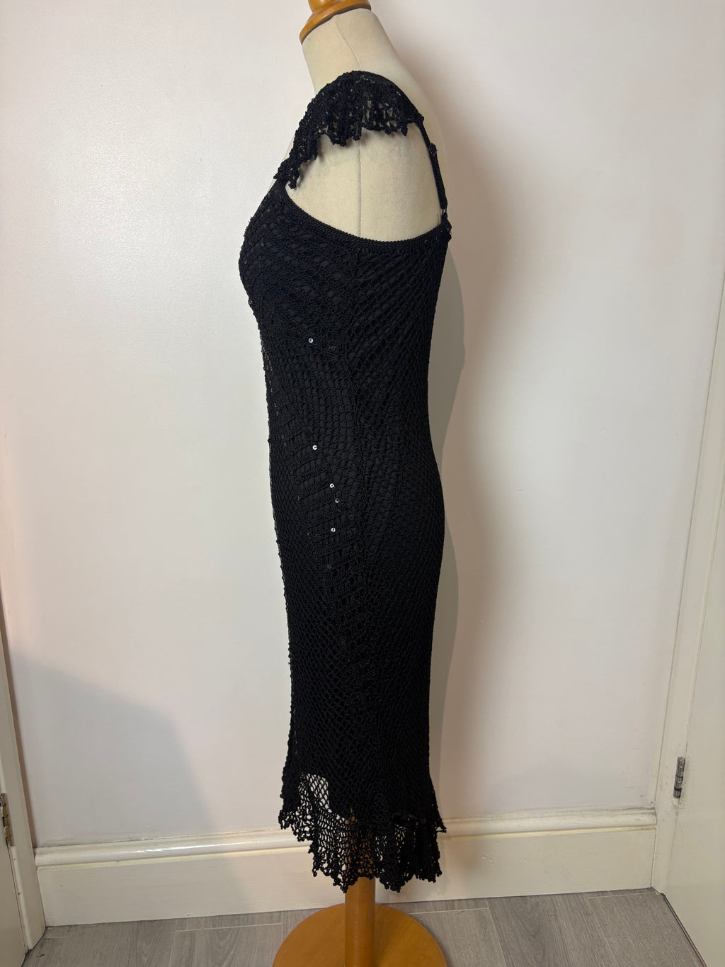 Handmade black crochet sequined lined long dress