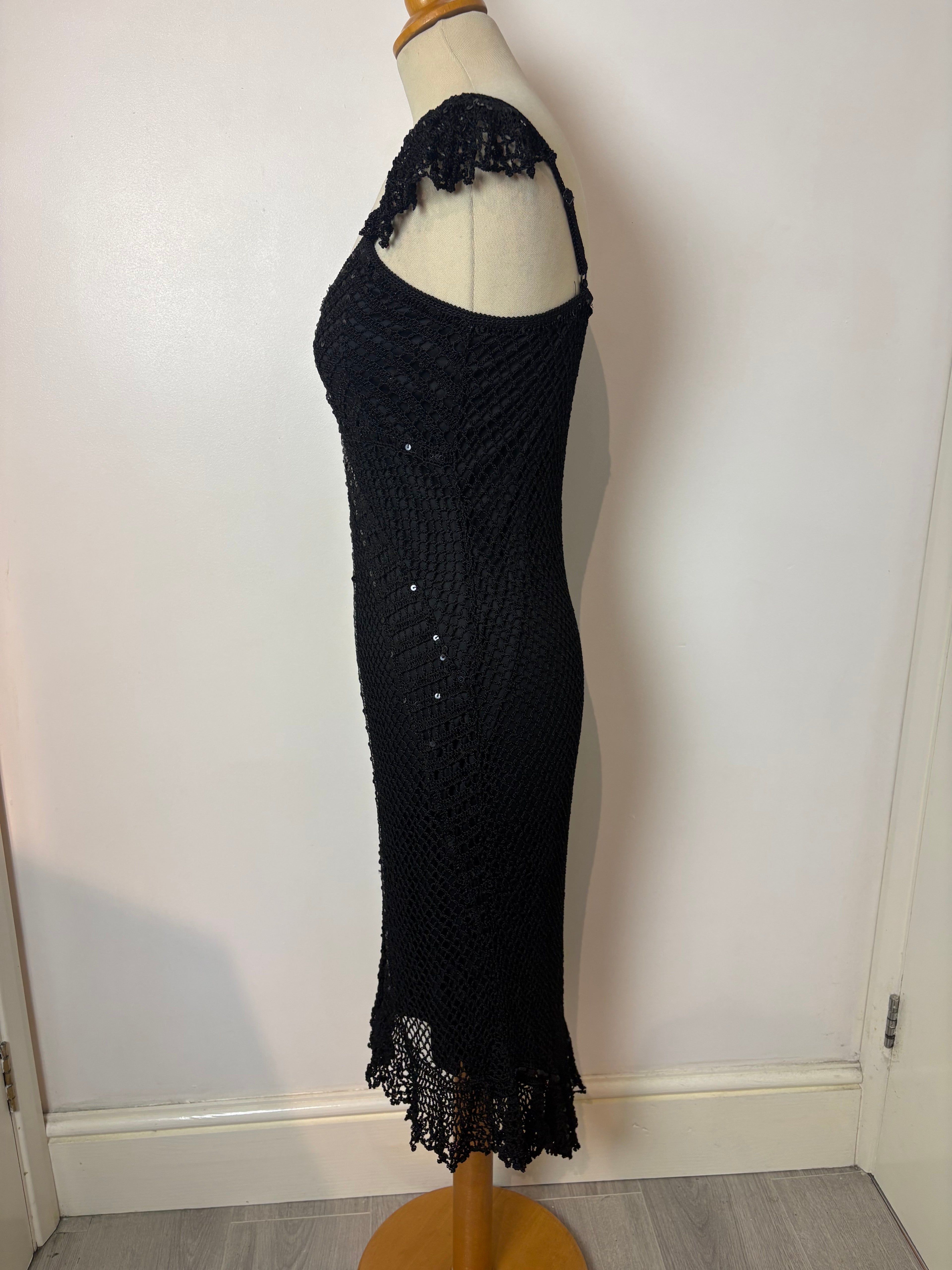 Handmade black crochet sequined lined long dress