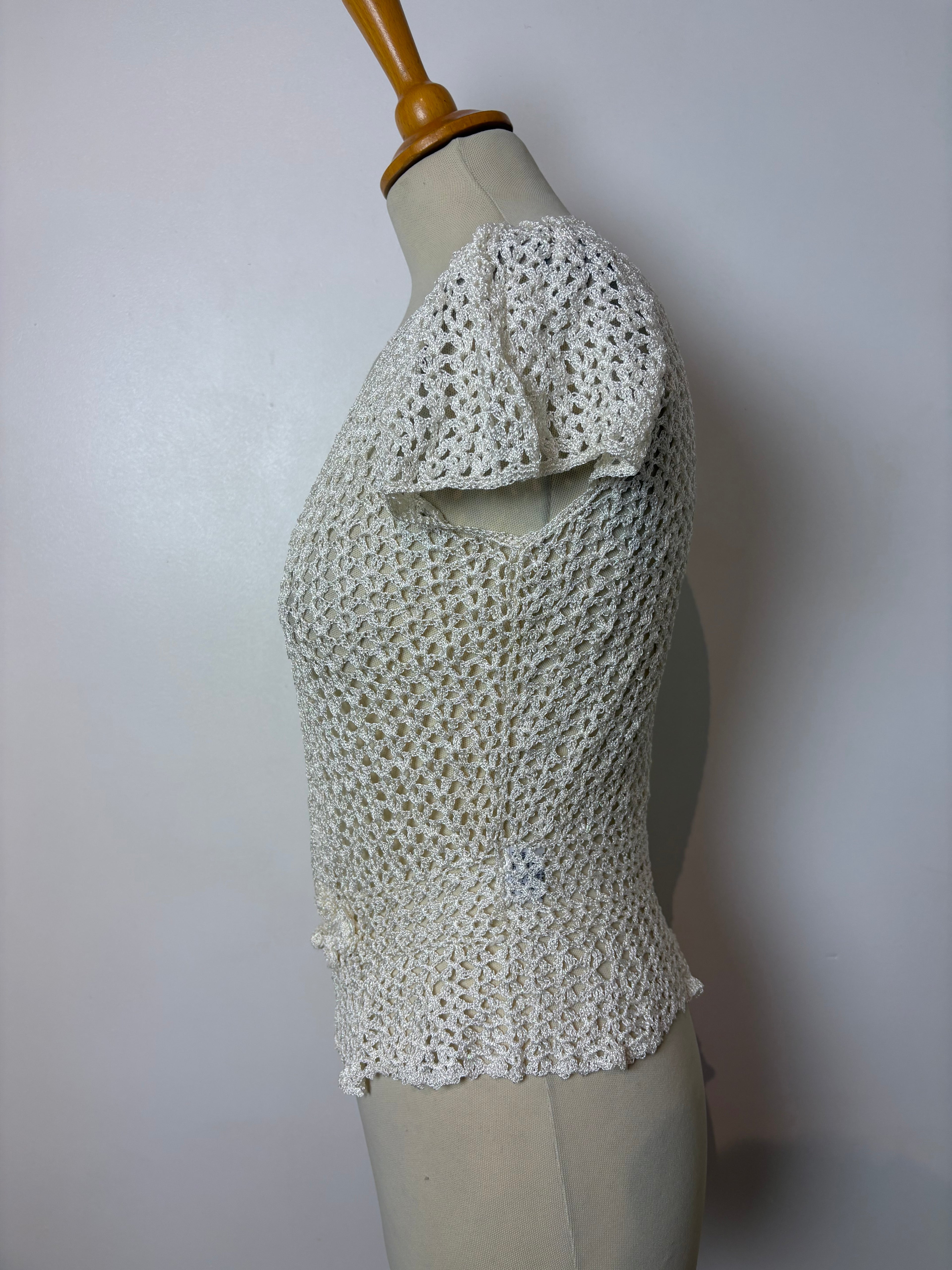 Handmade ivory crochet sparkly cap-sleeved cardigan