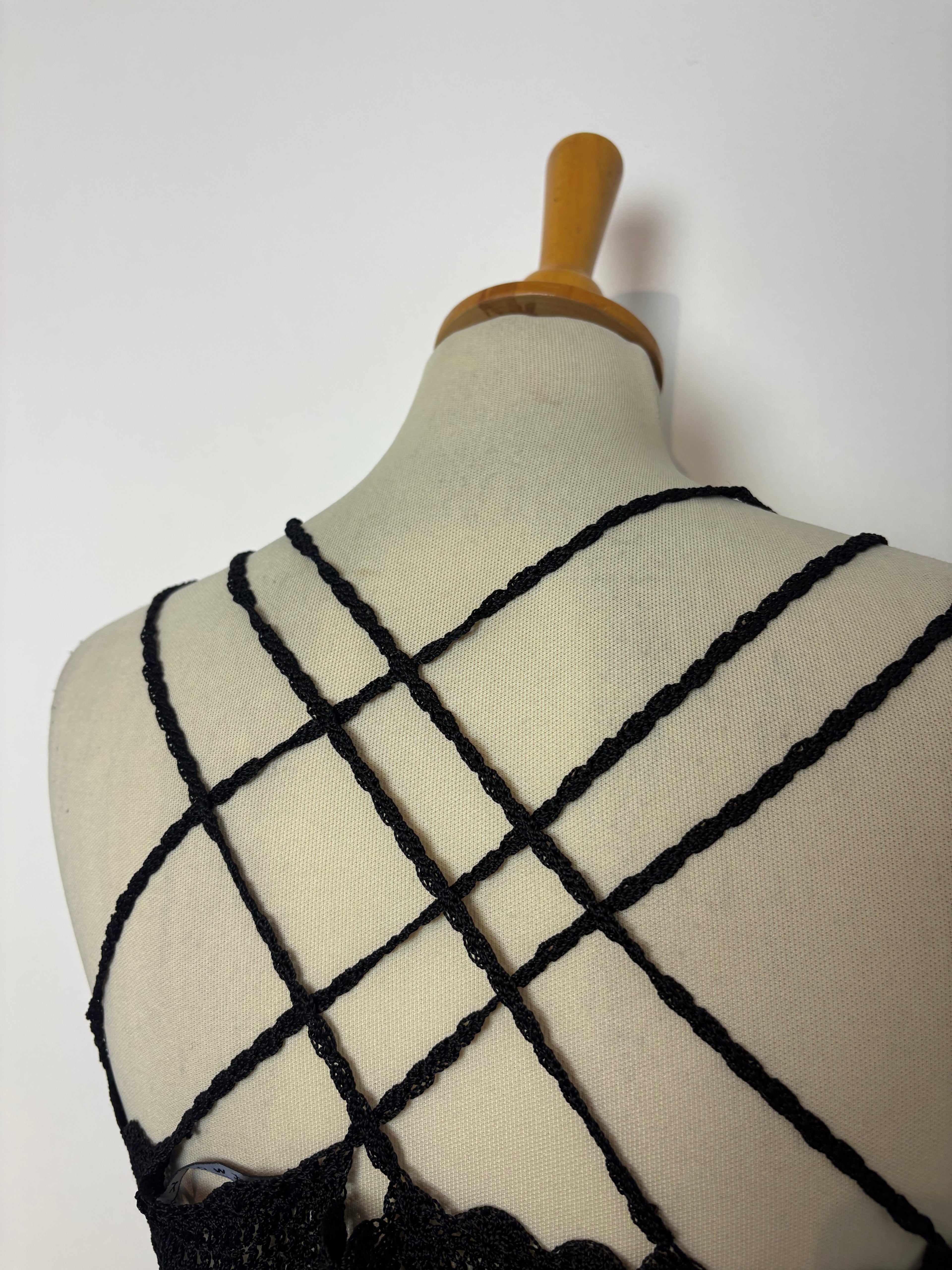 Handmade black crochet beaded cross-strap top