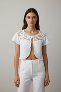 Handmade sparky white crochet flower-pattern bolero