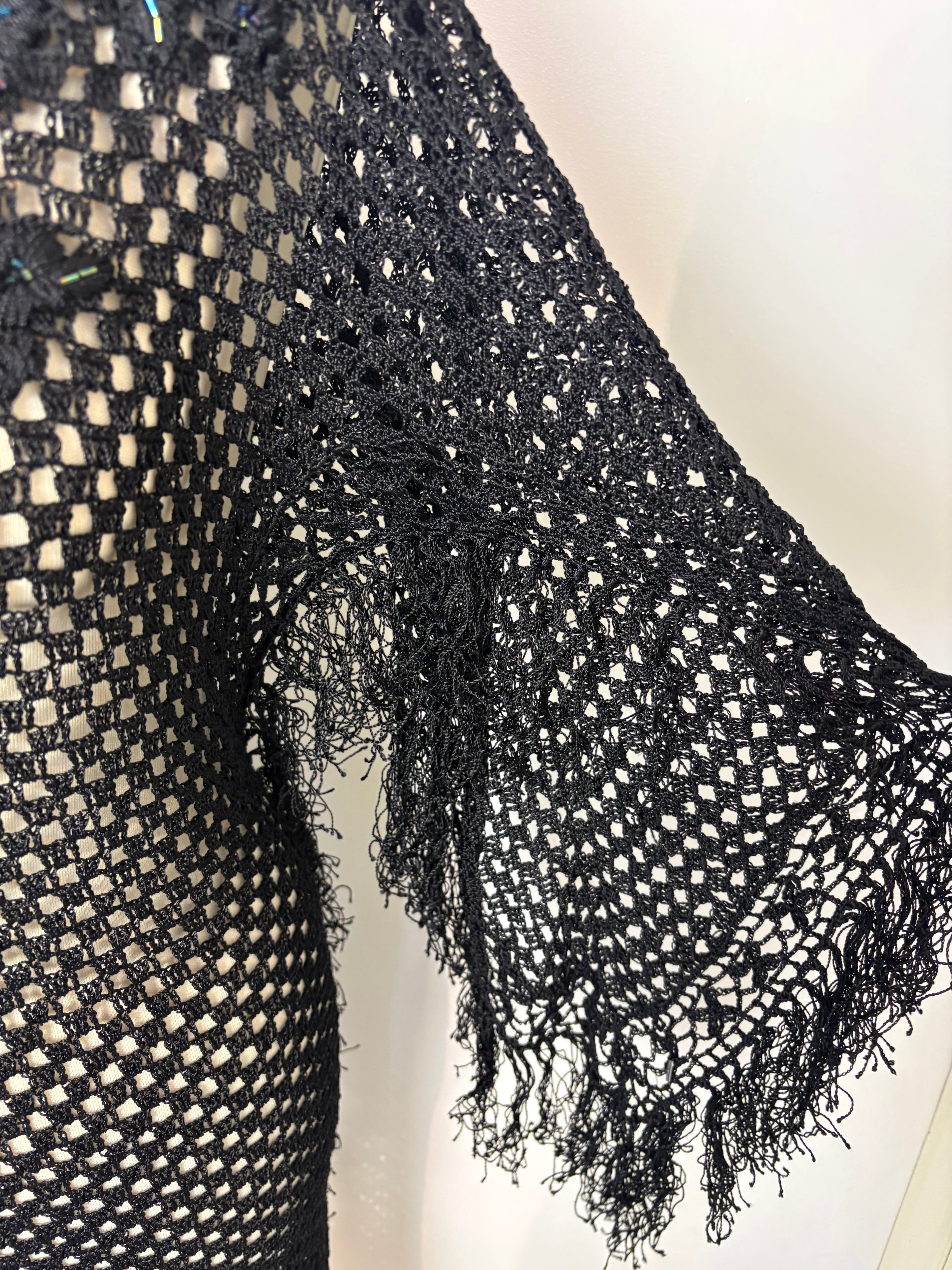Handmade black crochet flower-patterned-beaded tassel long dress