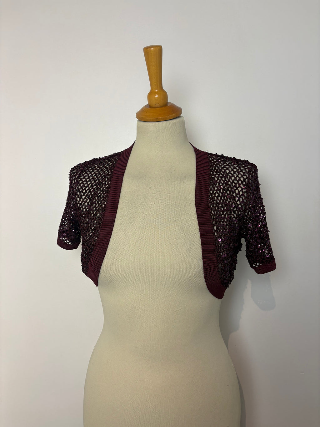 Handmade burgundy crochet sequined bolero