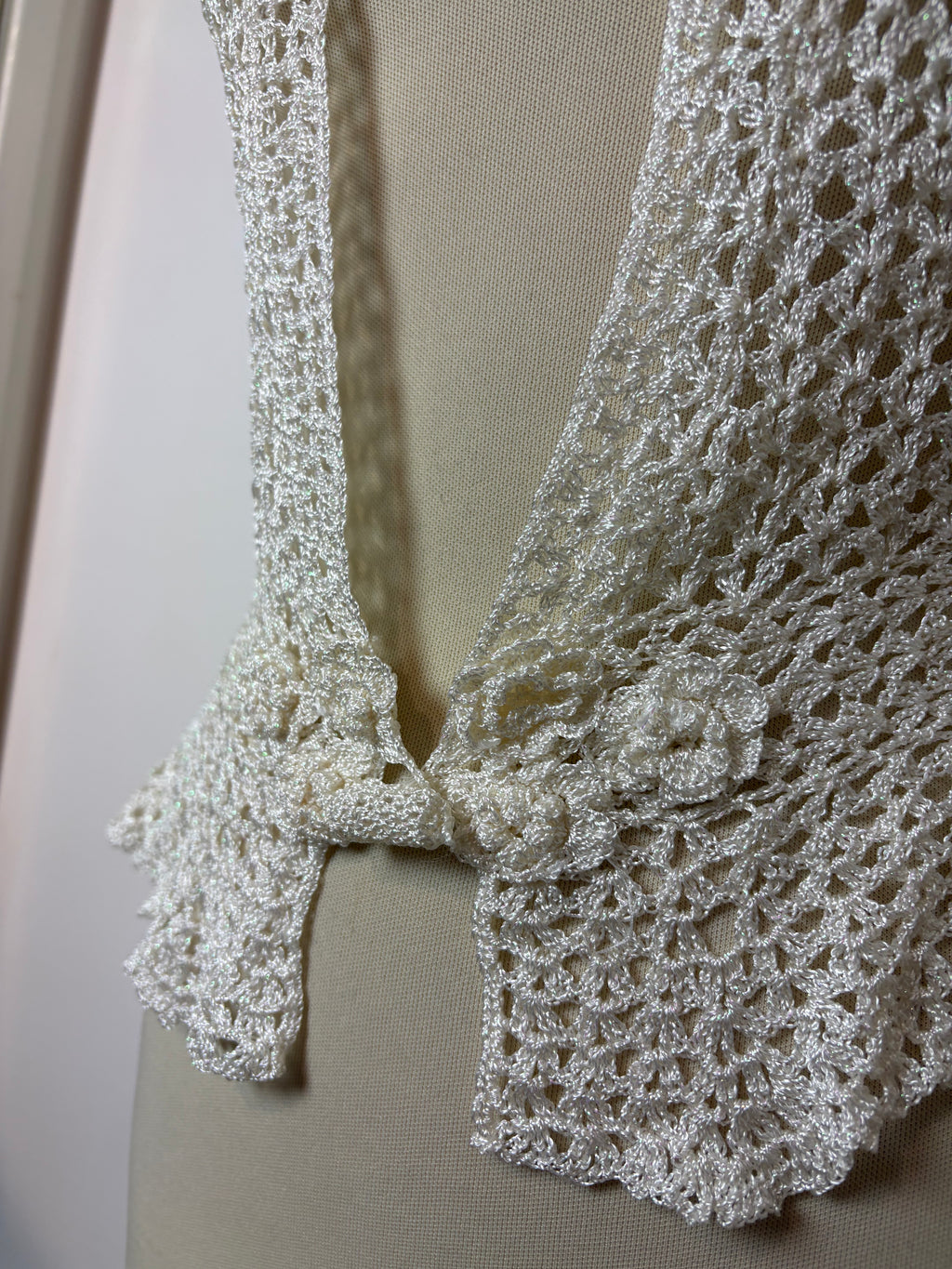 Handmade ivory crochet sparkly cap-sleeved cardigan