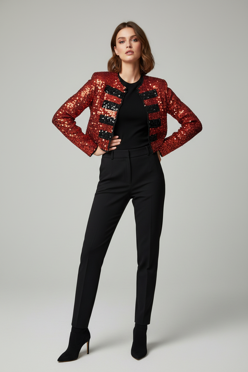 Handmade red and black crochet sequined jacket
