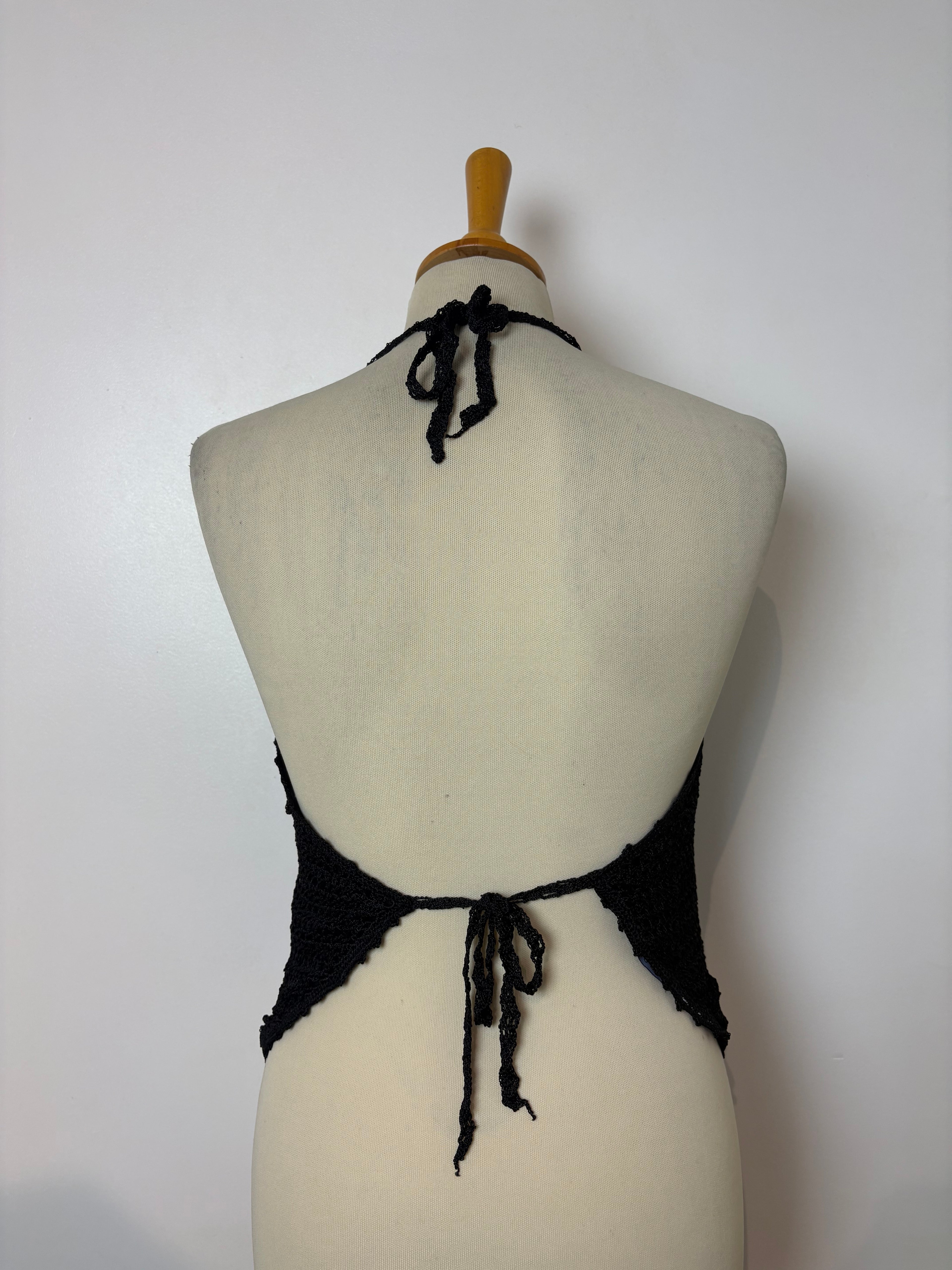 Handmade black crochet backless lined halterneck top