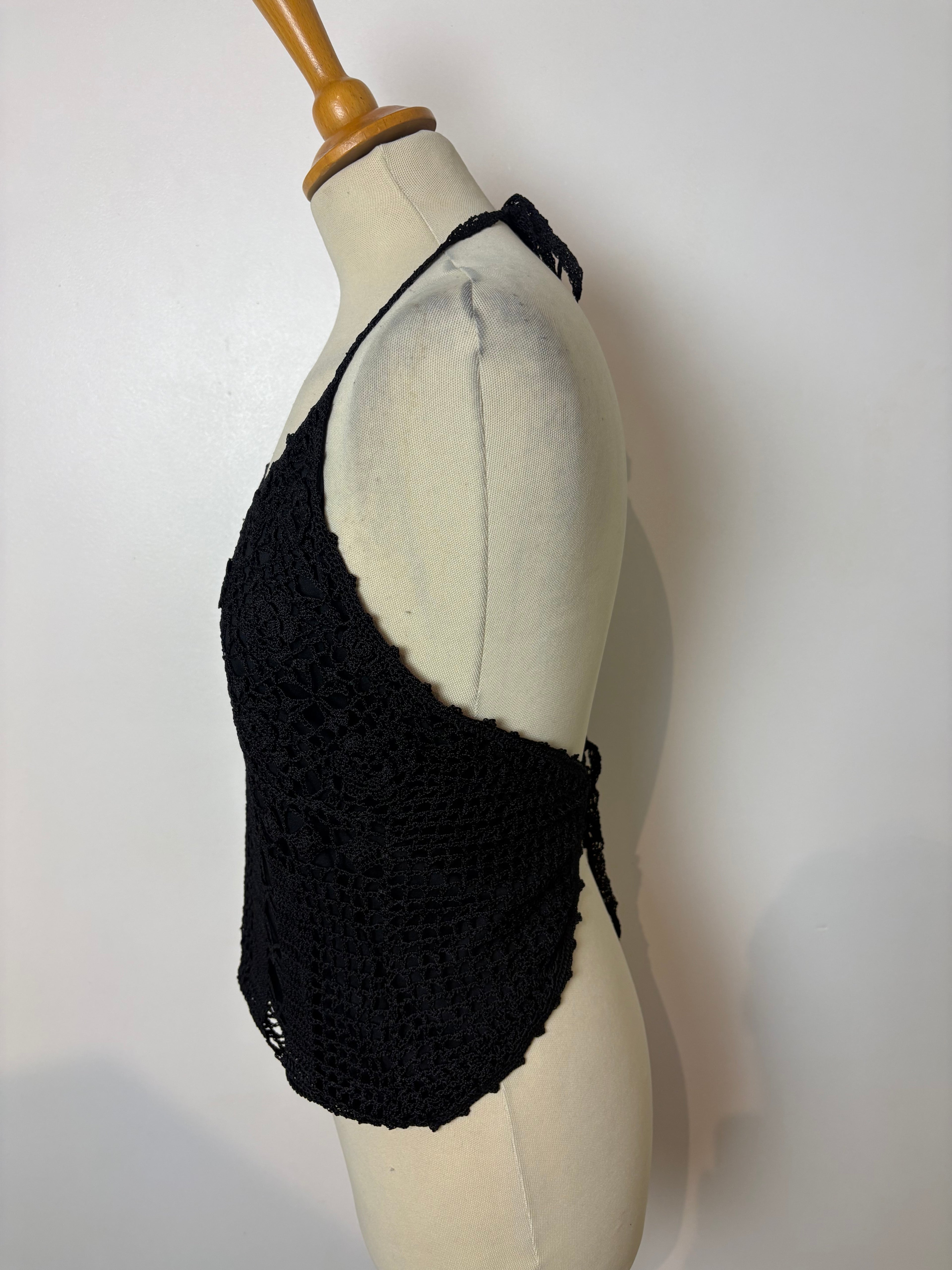 Handmade black crochet backless lined halterneck top