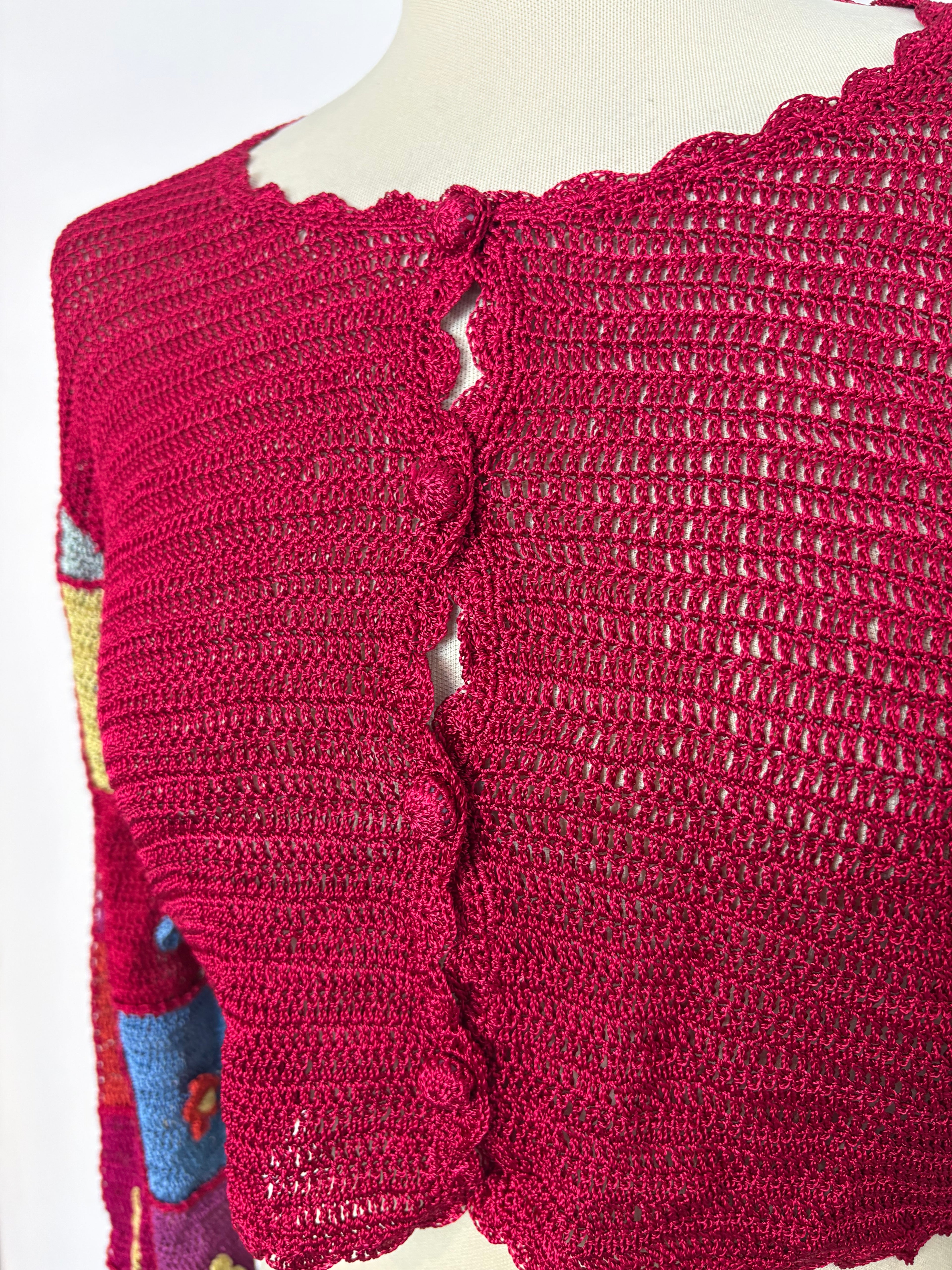 Handmade cerise crochet flower-patterned-long-sleeved cardigan