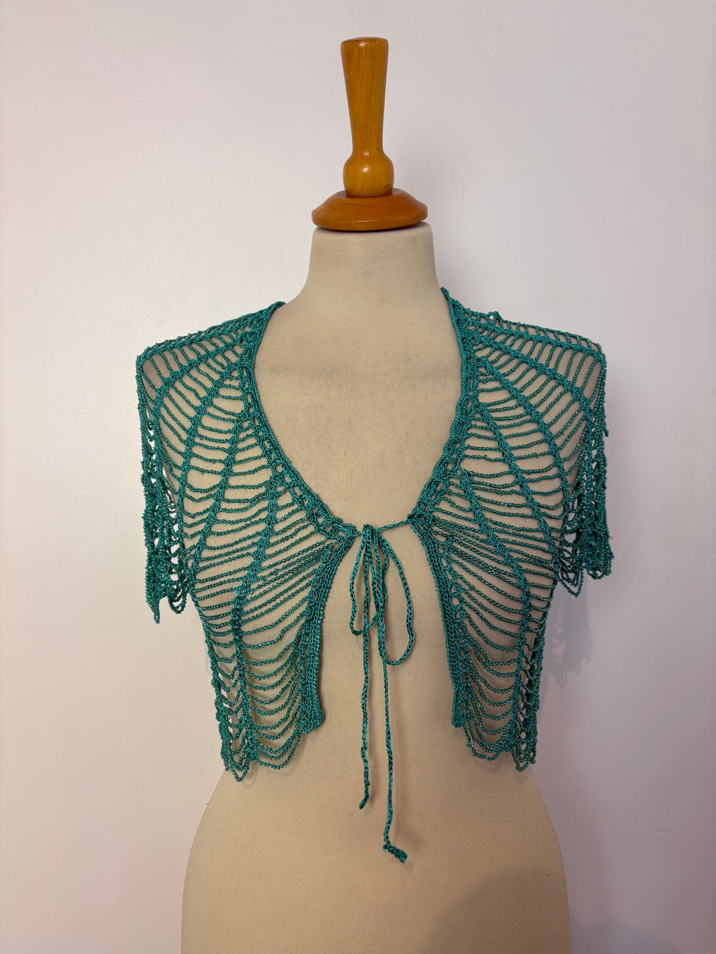 Handmade turquoise crochet beaded tie-up bolero