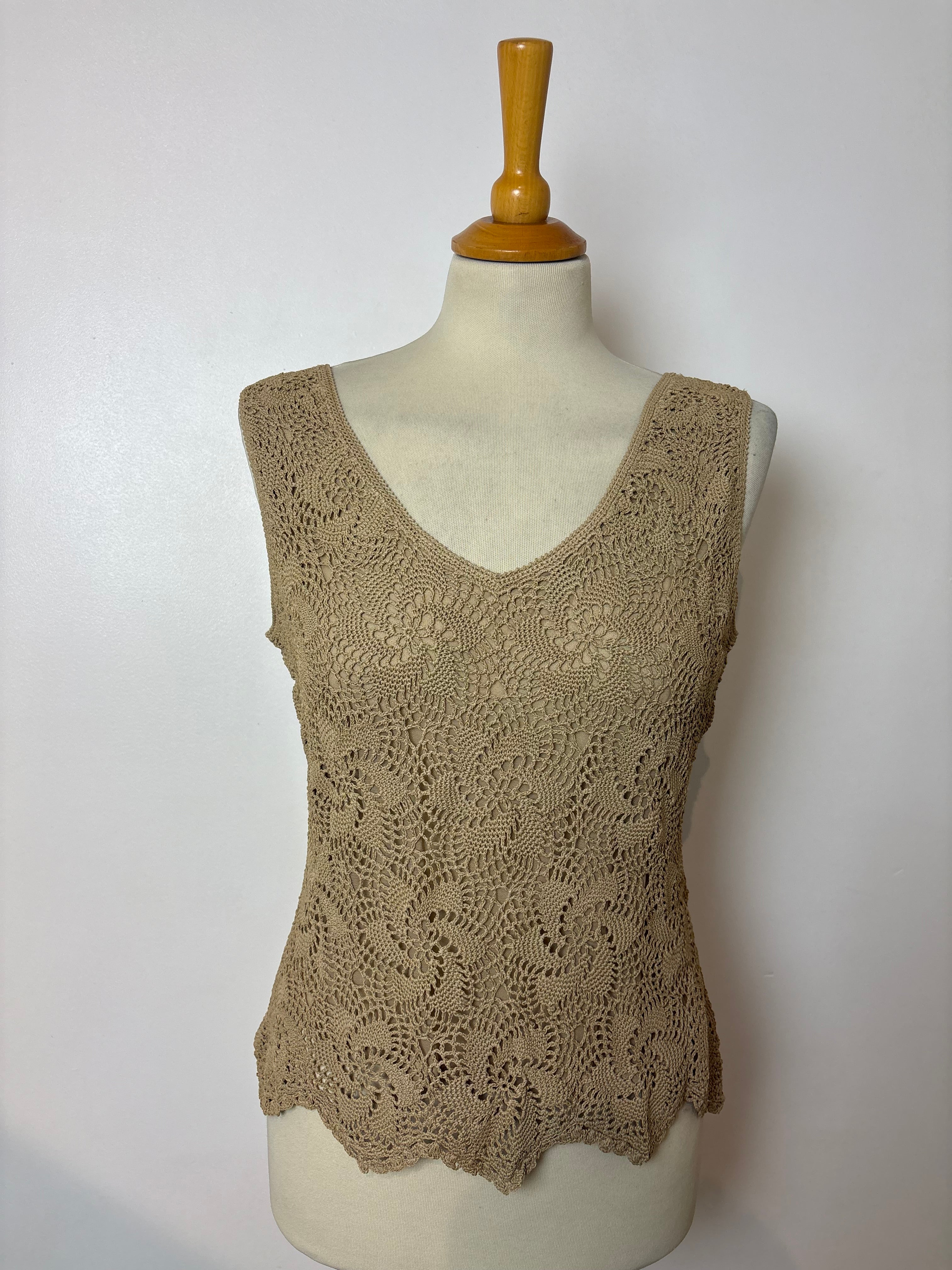 Handmade camel crochet lined sleeveless top