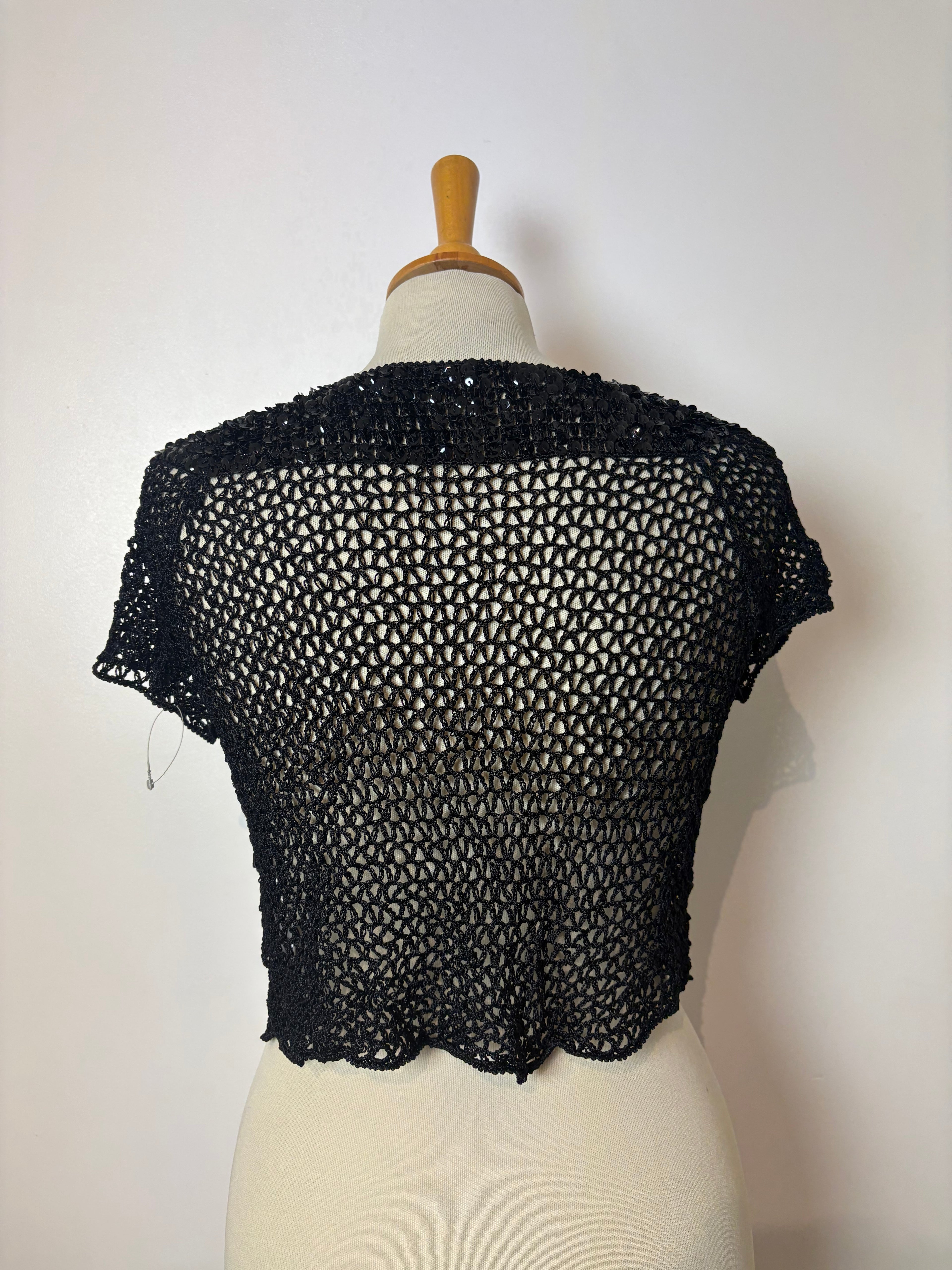 Handmade black crochet sequined button-up bolero
