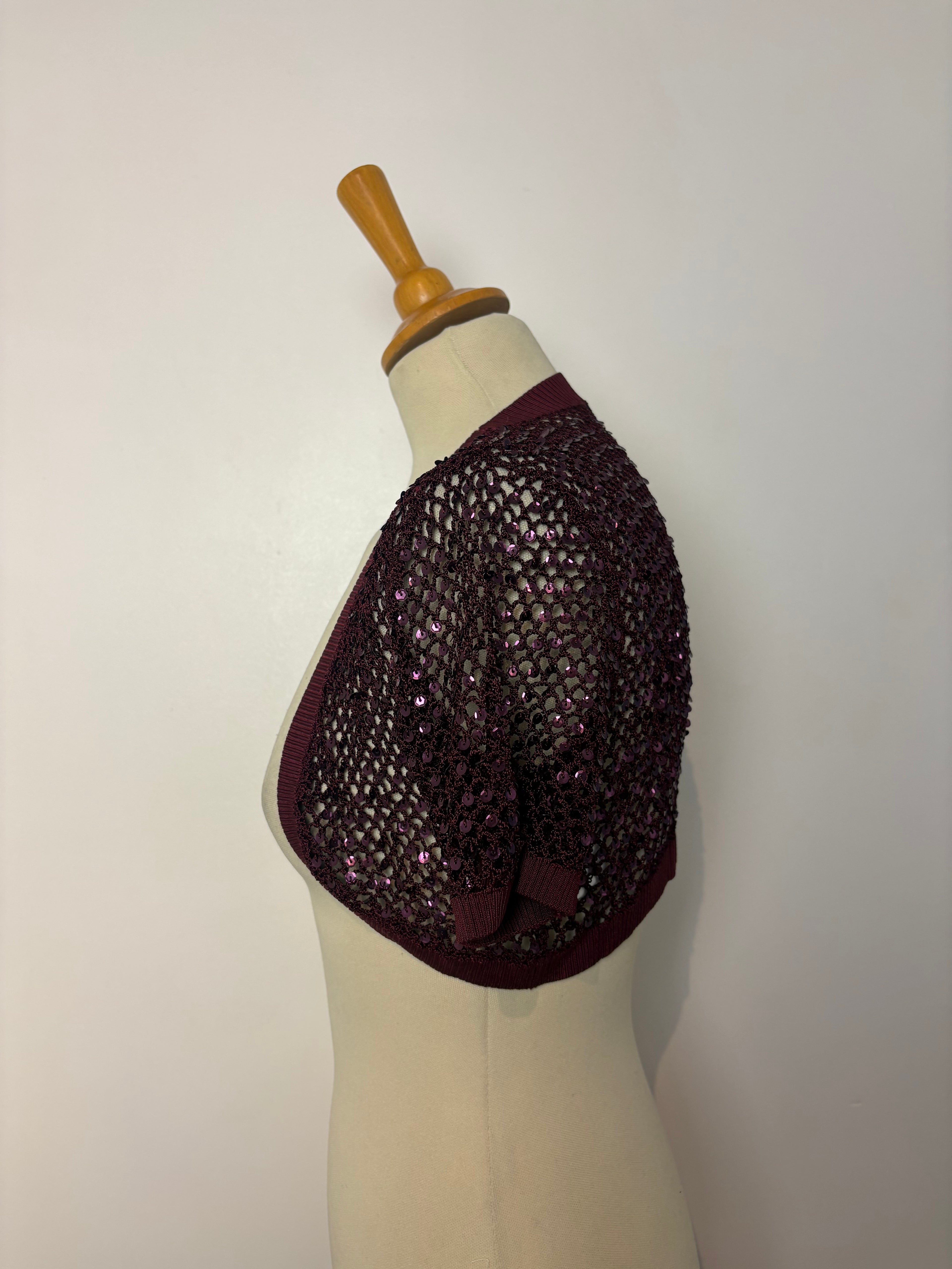Handmade burgundy crochet sequined bolero