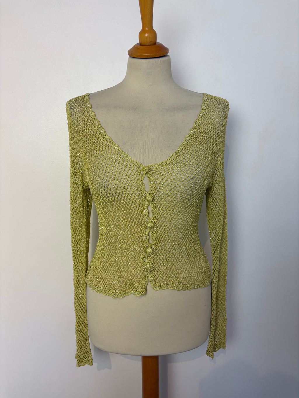 Handmade lime crochet beaded button-up cardigan