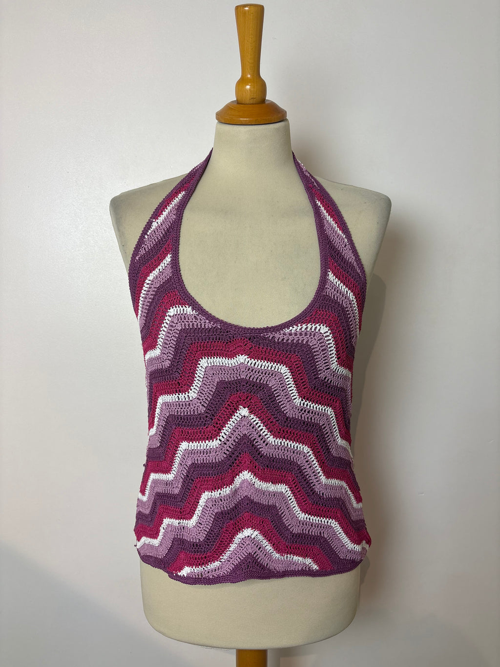 Handmade pink crochet lined chevron-pattern halterneck
