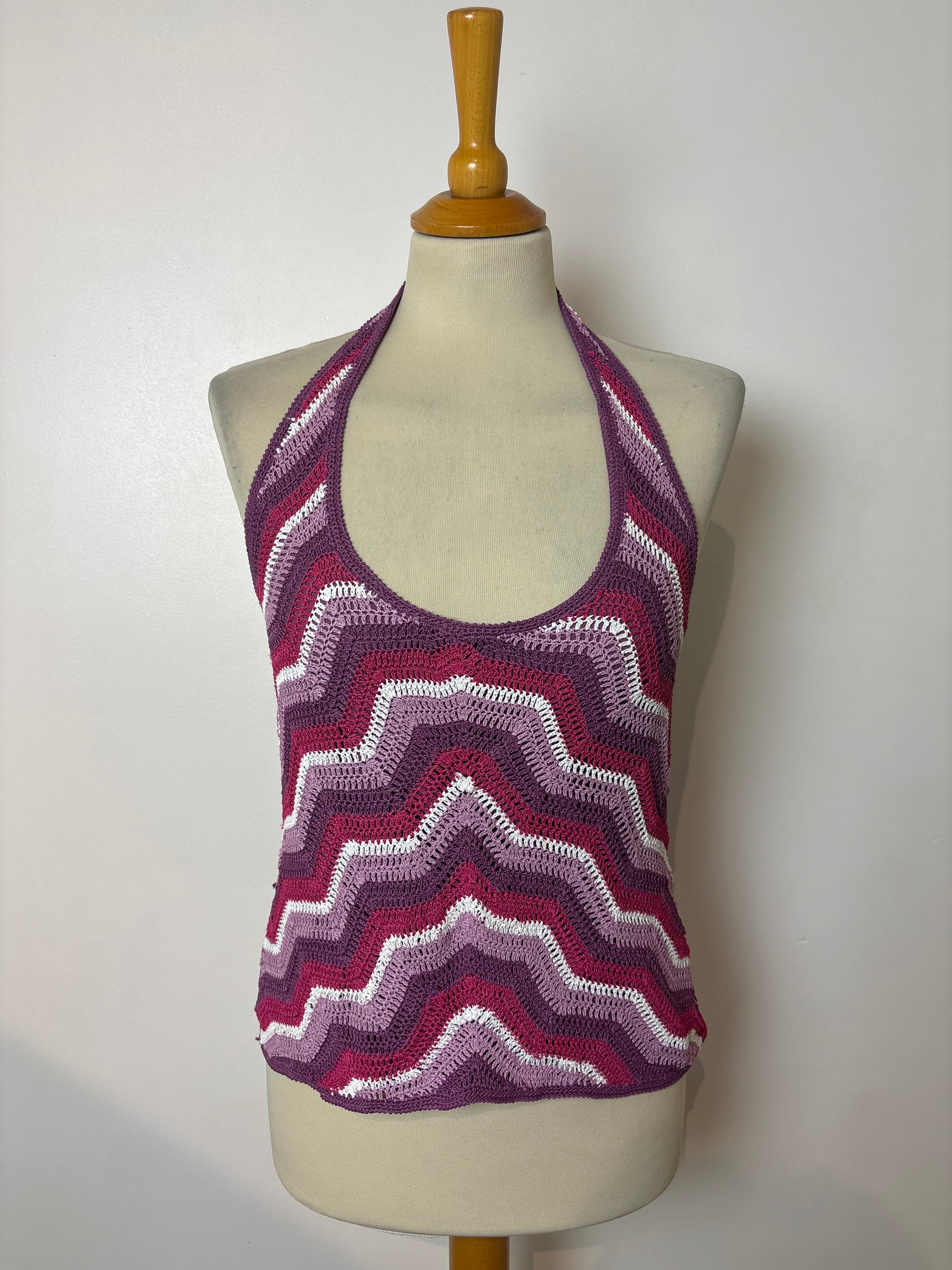 Handmade pink crochet lined chevron-pattern halterneck