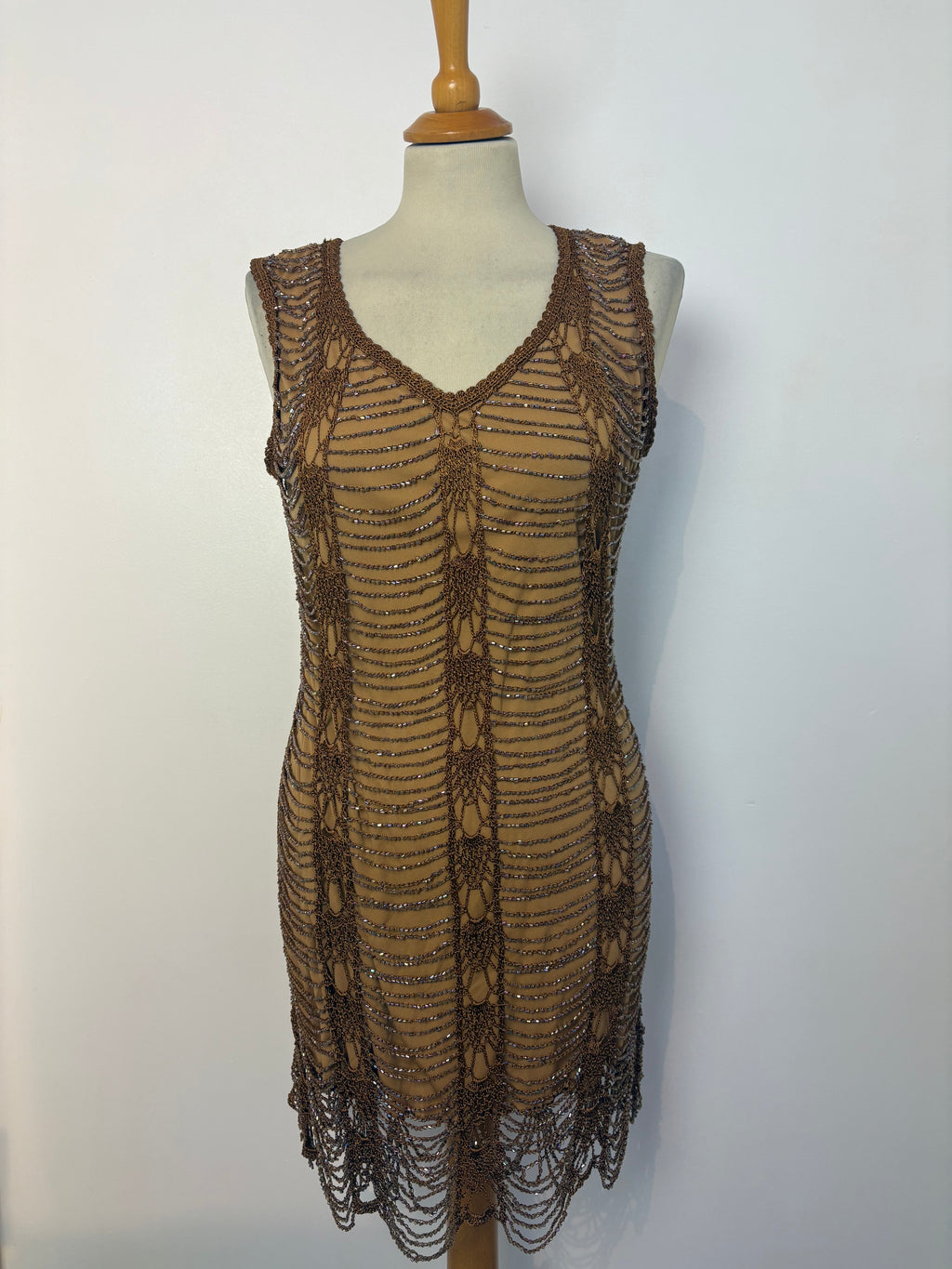 Handmade brown crochet iridescent beaded lined dress￼