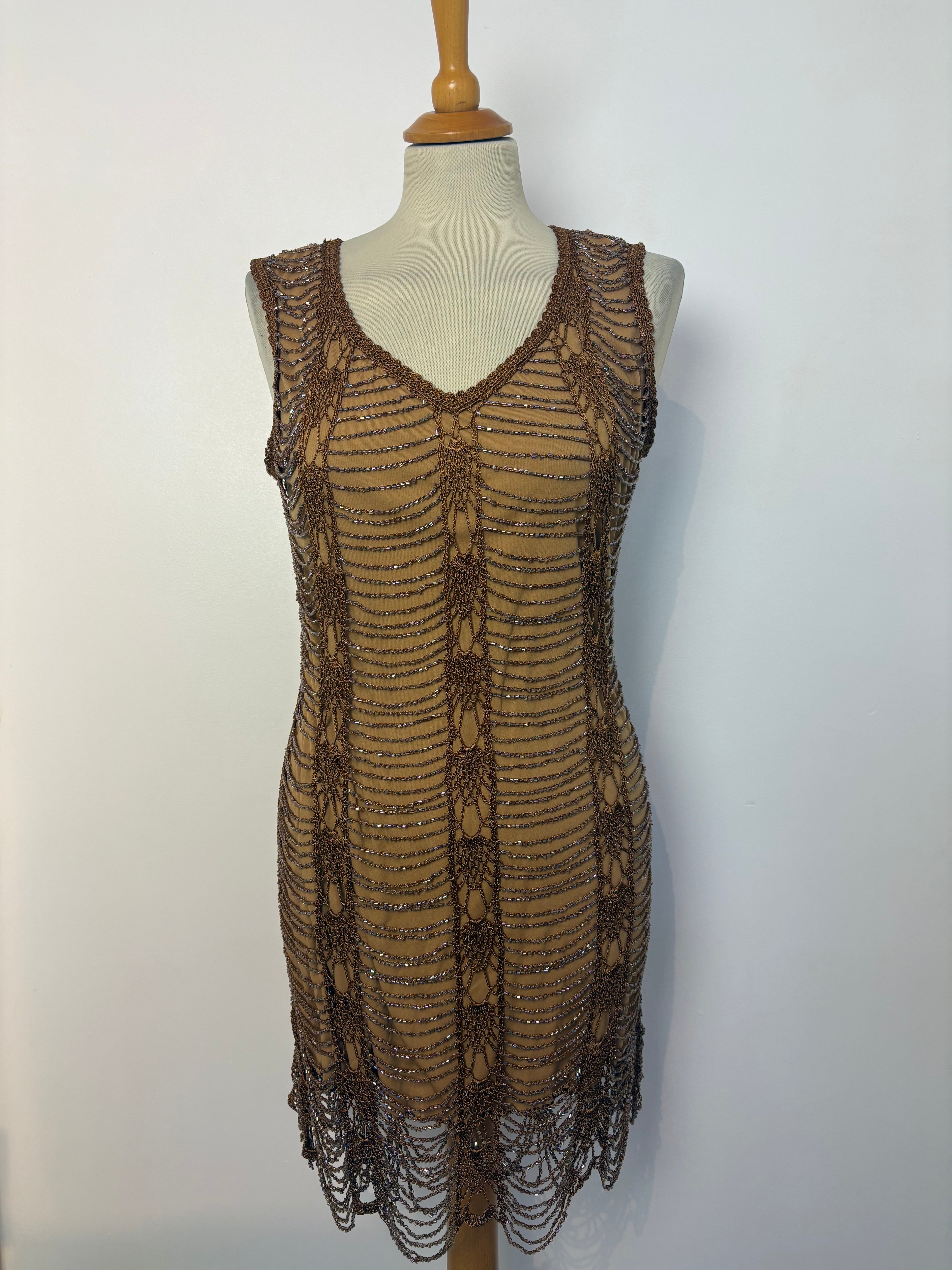 Handmade brown crochet iridescent beaded lined dress￼
