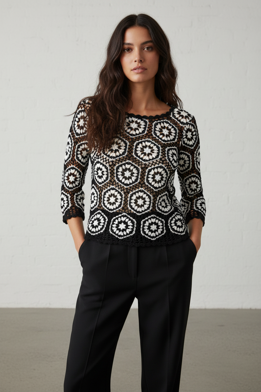 Handmade black and white crochet top