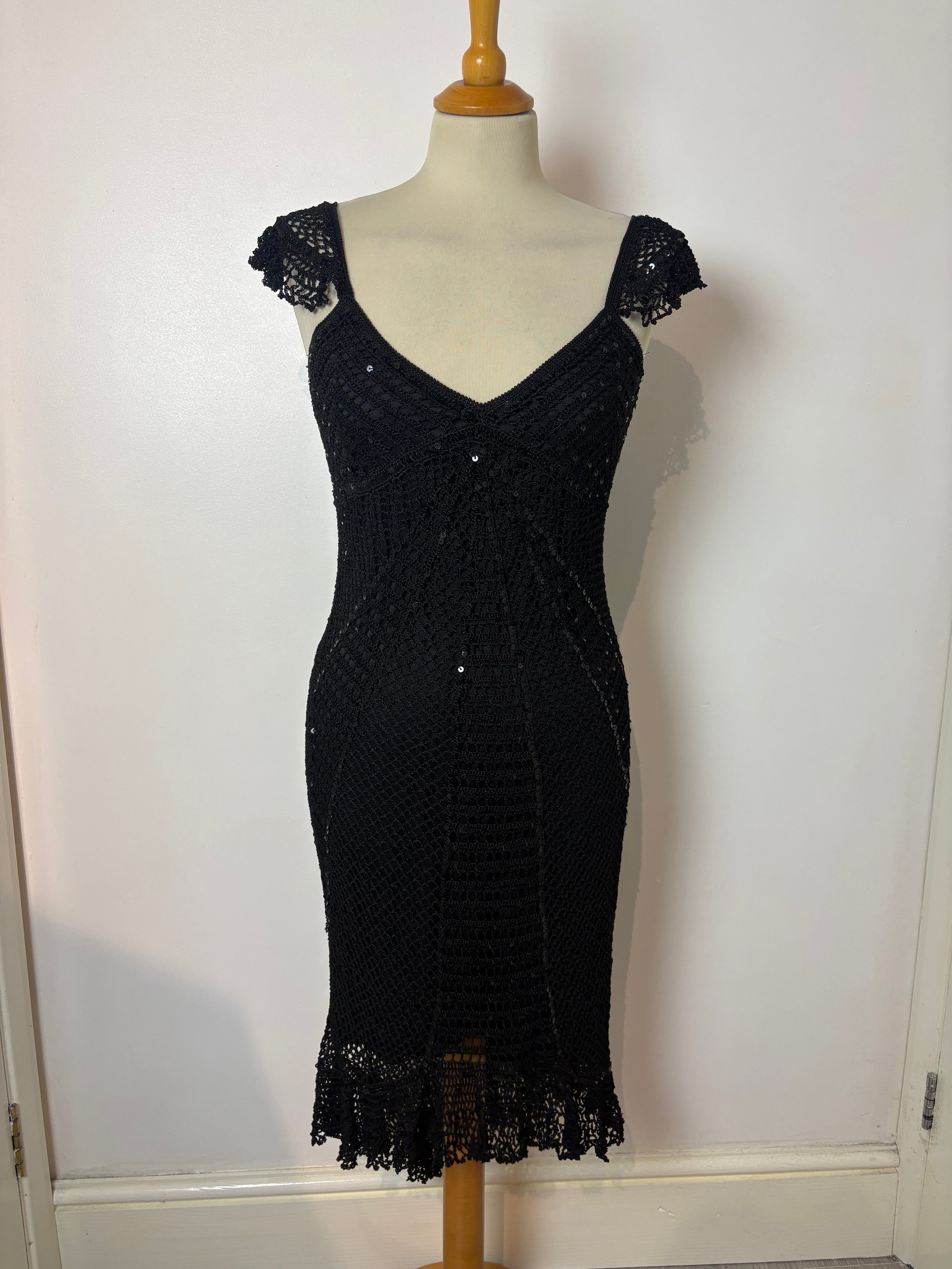 Handmade black crochet sequined lined long dress