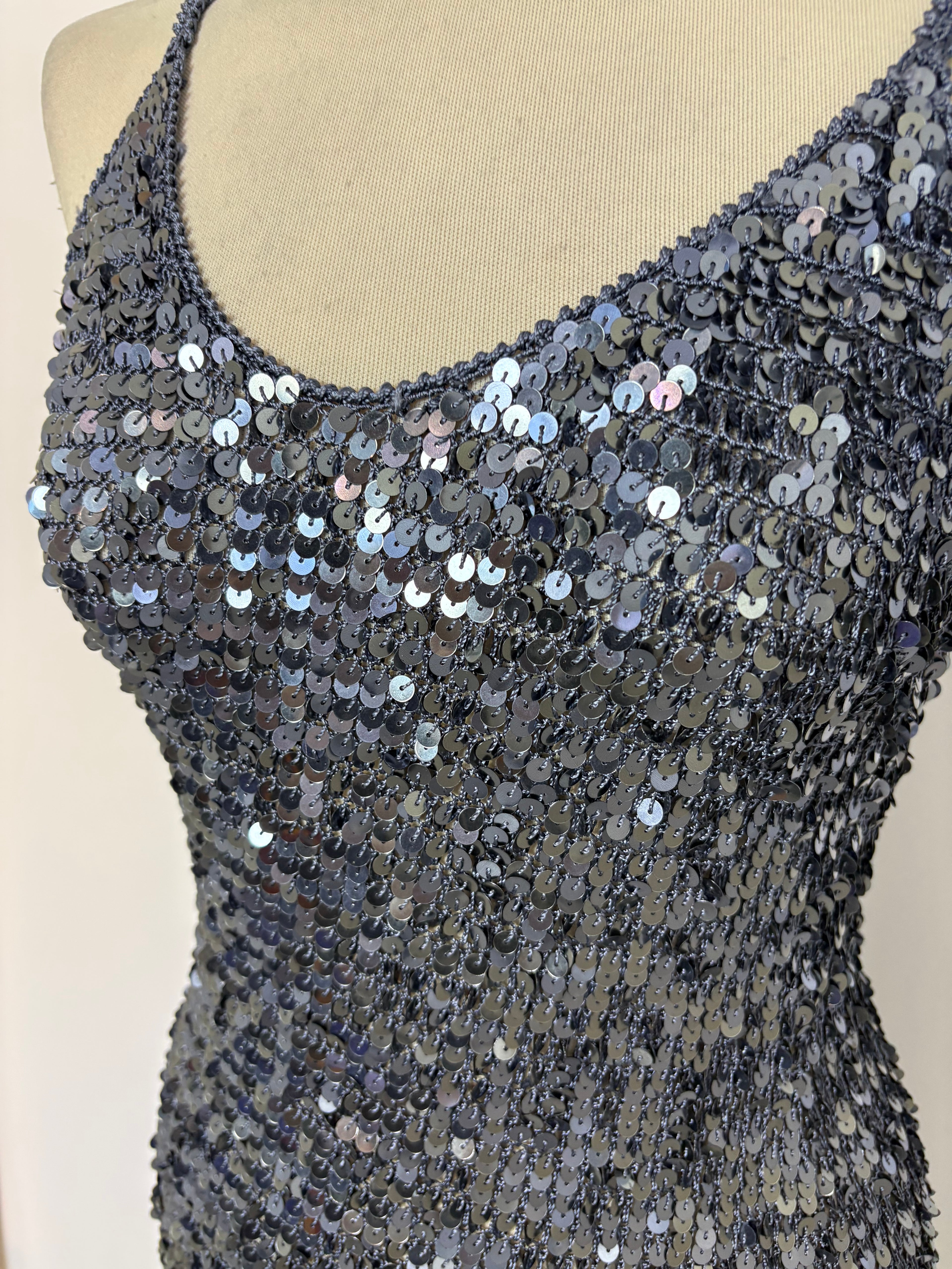 Handmade dark grey crochet sequined mini dress