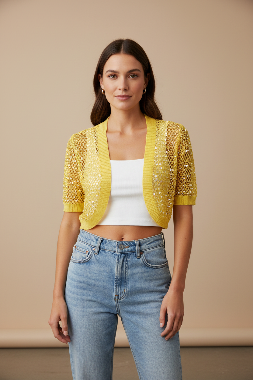 Handmade yellow crochet sequined bolero