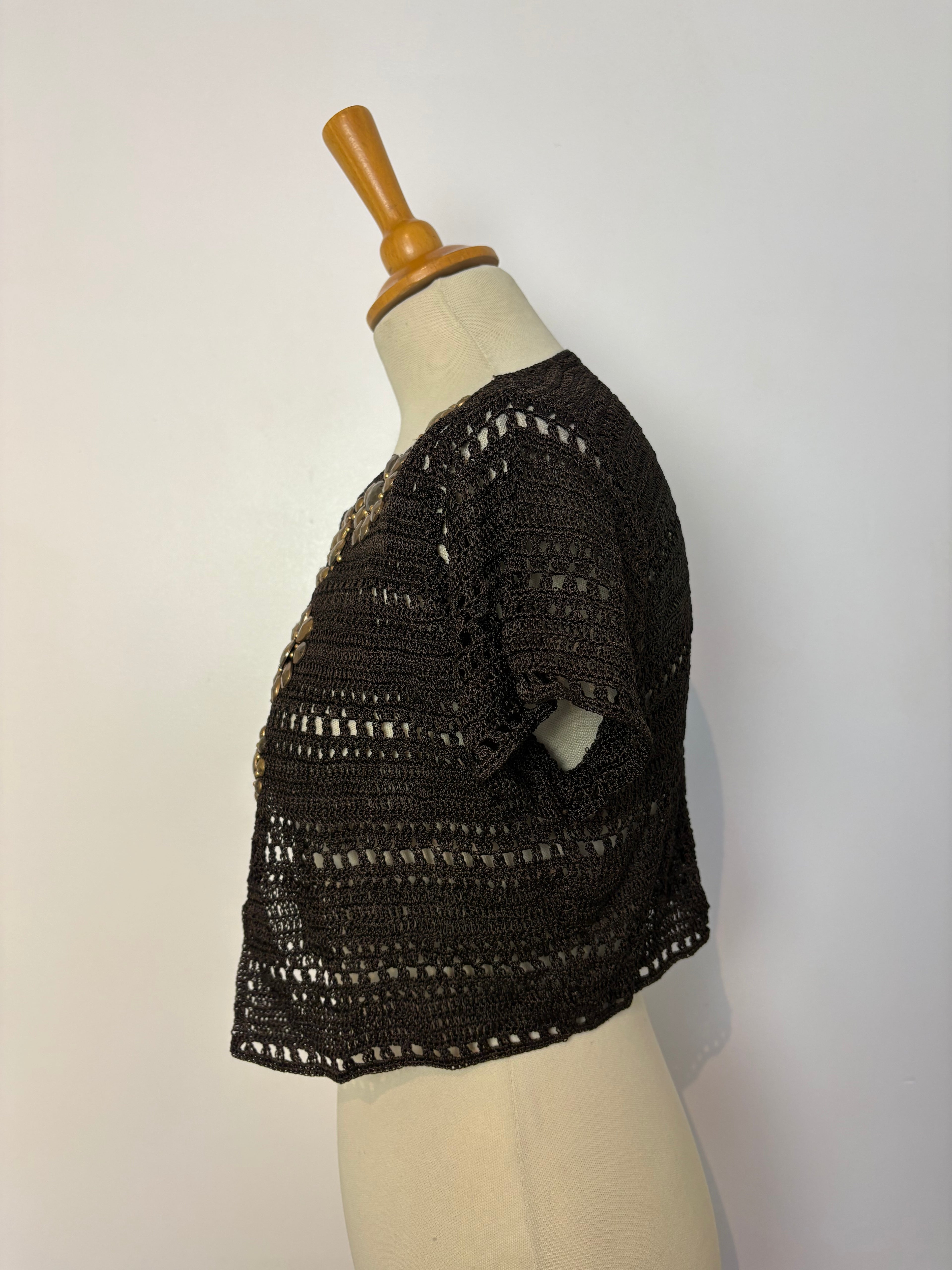 Handmade brown crochet gold-flower-beaded bolero
