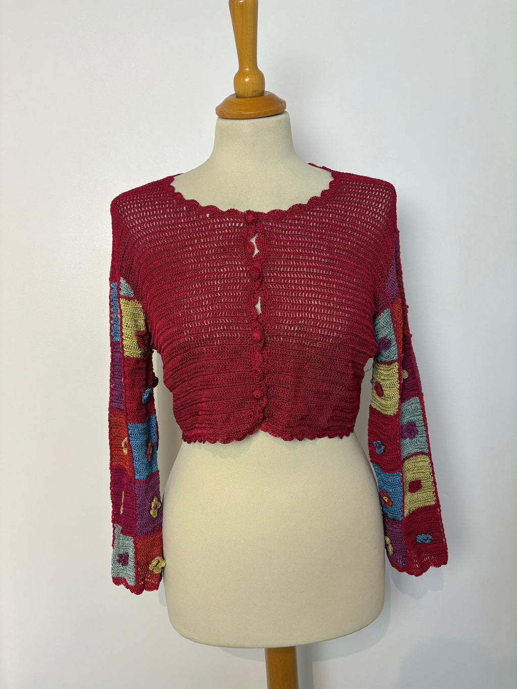 Handmade cerise crochet flower-patterned-long-sleeved cardigan