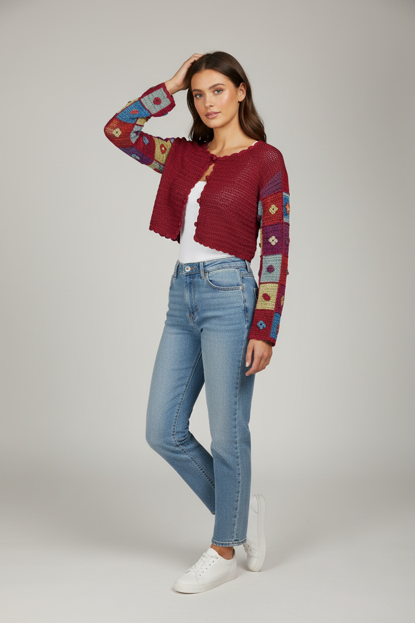 Handmade cerise crochet flower-patterned-long-sleeved cardigan