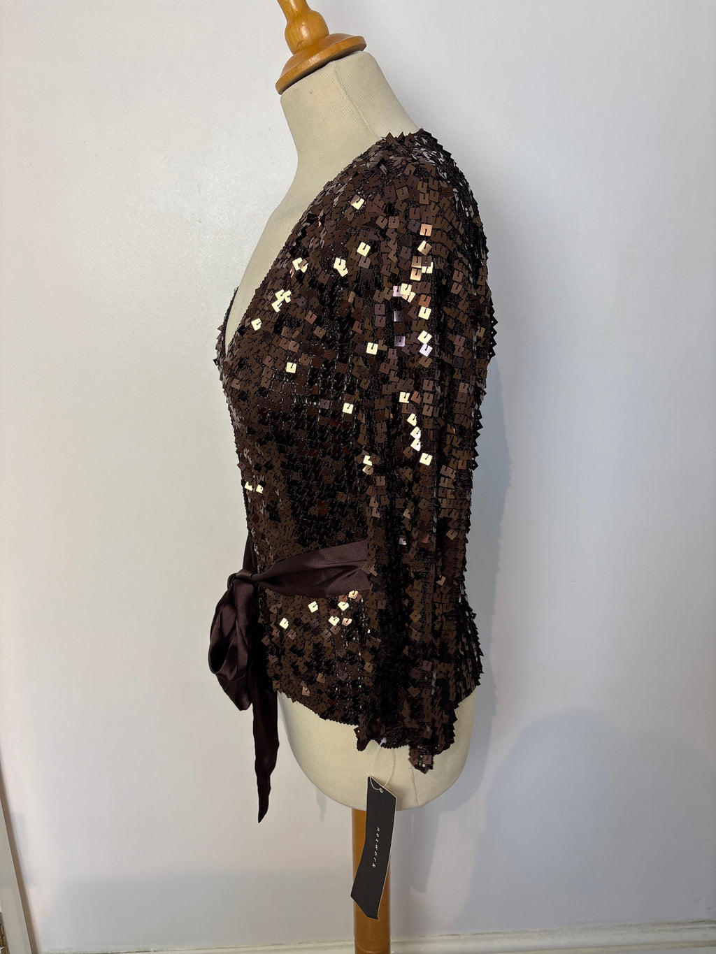 Handmade brown crochet heavily sequined tie-up cardigan